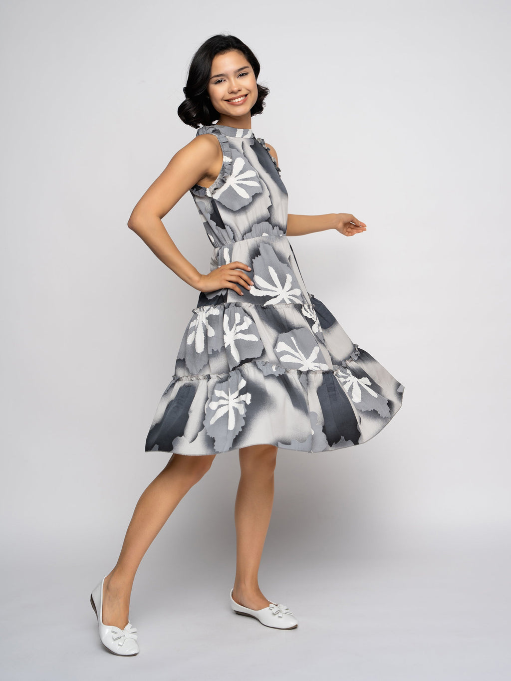 Aask Women's Green Printed Delta Crush Knee Length Fit and Flare Dress