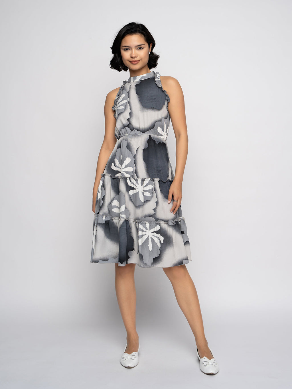 Aask Women's Green Printed Delta Crush Knee Length Fit and Flare Dress