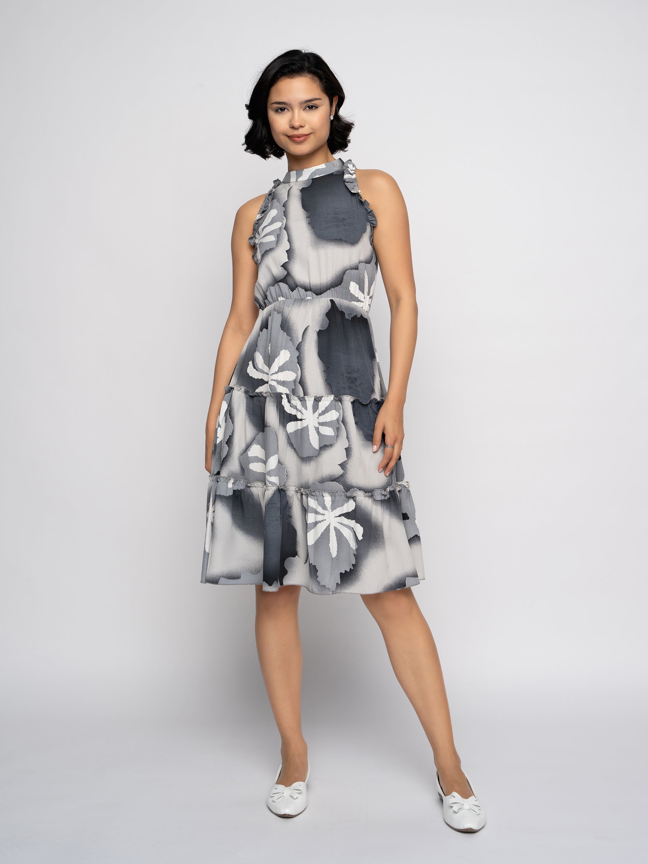 Aask Women's Green Printed Delta Crush Knee Length Fit and Flare Dress