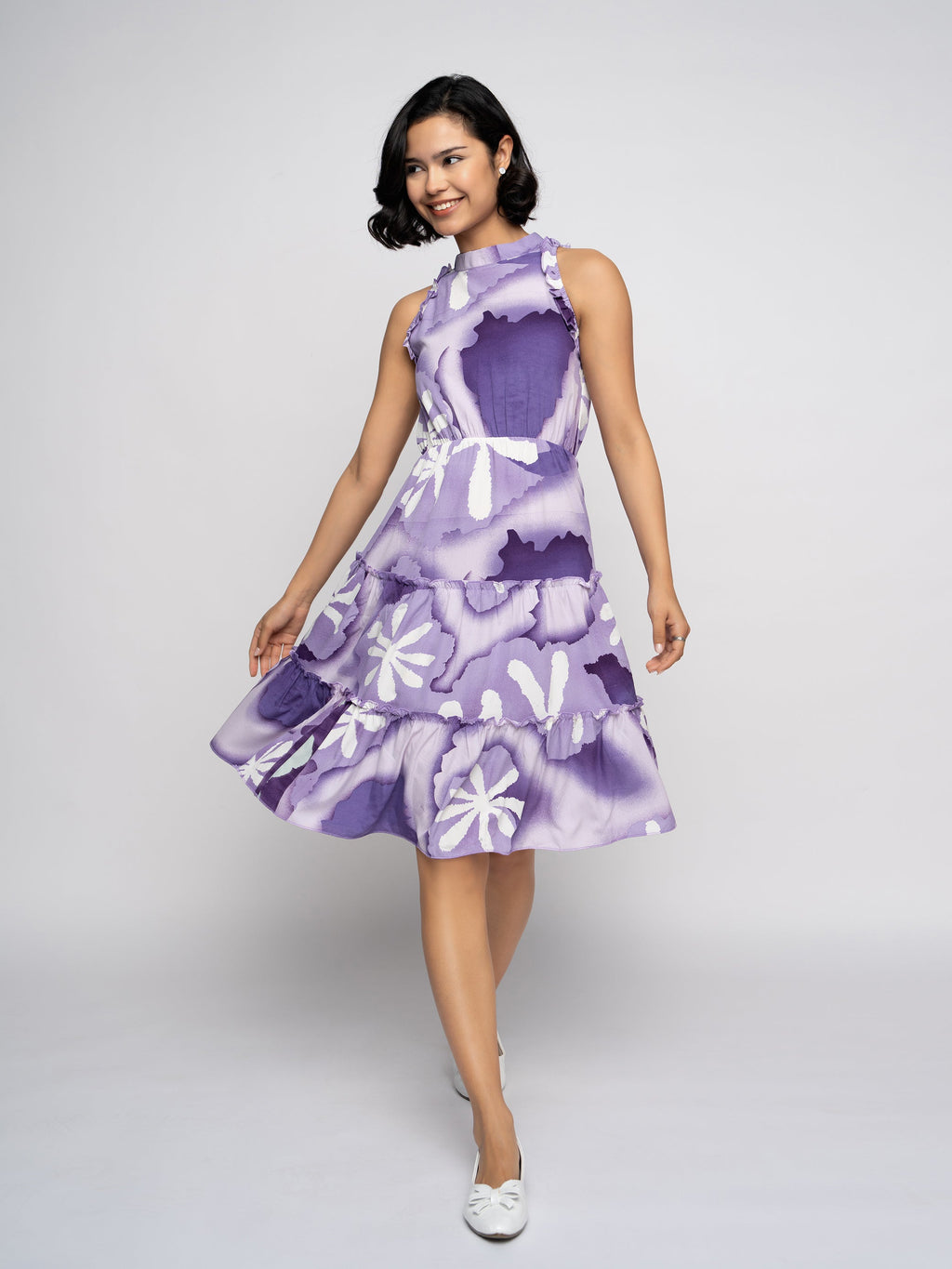 Aask Women's Green Printed Delta Crush Knee Length Fit and Flare Dress