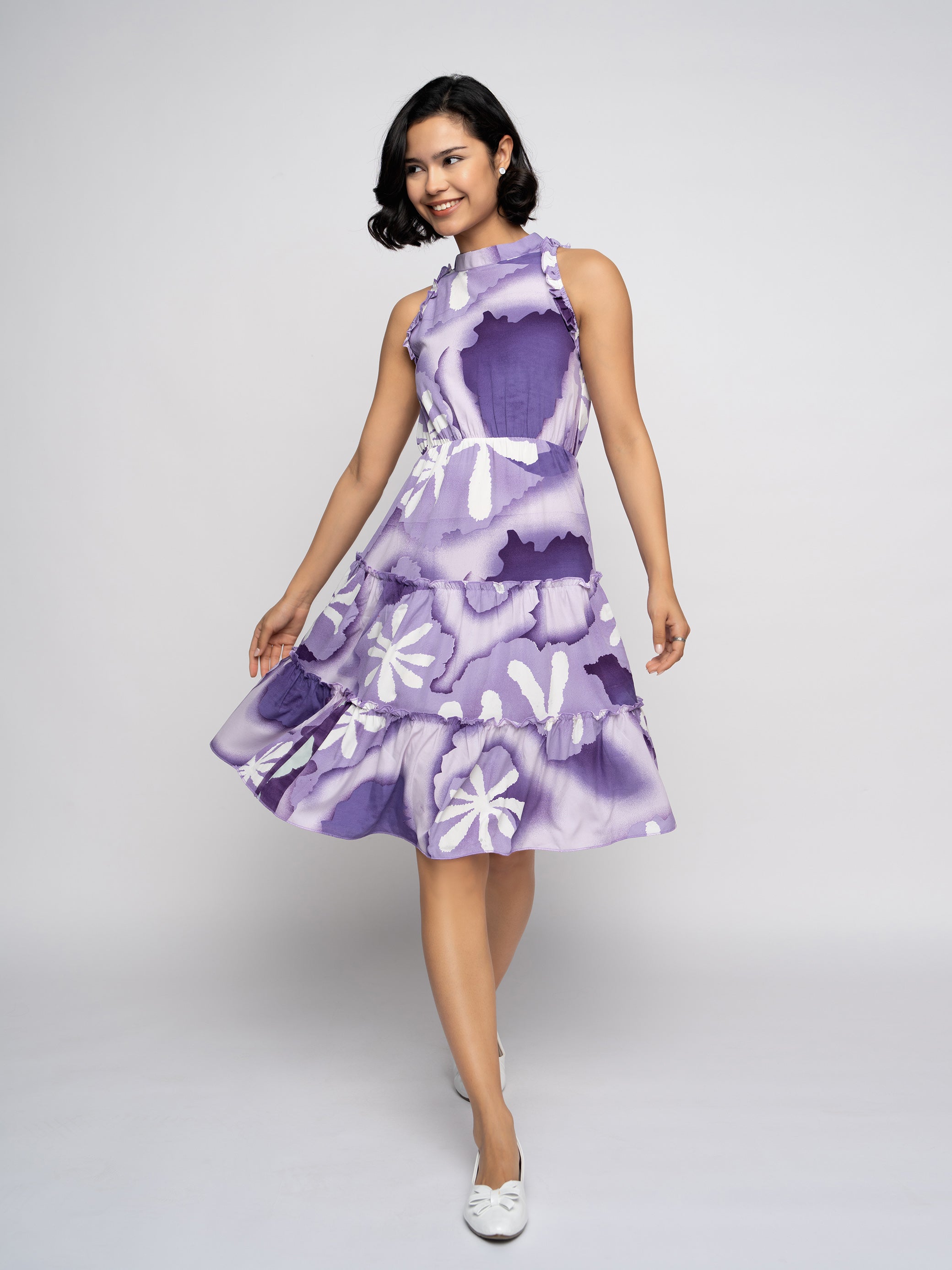 Aask Women's Green Printed Delta Crush Knee Length Fit and Flare Dress