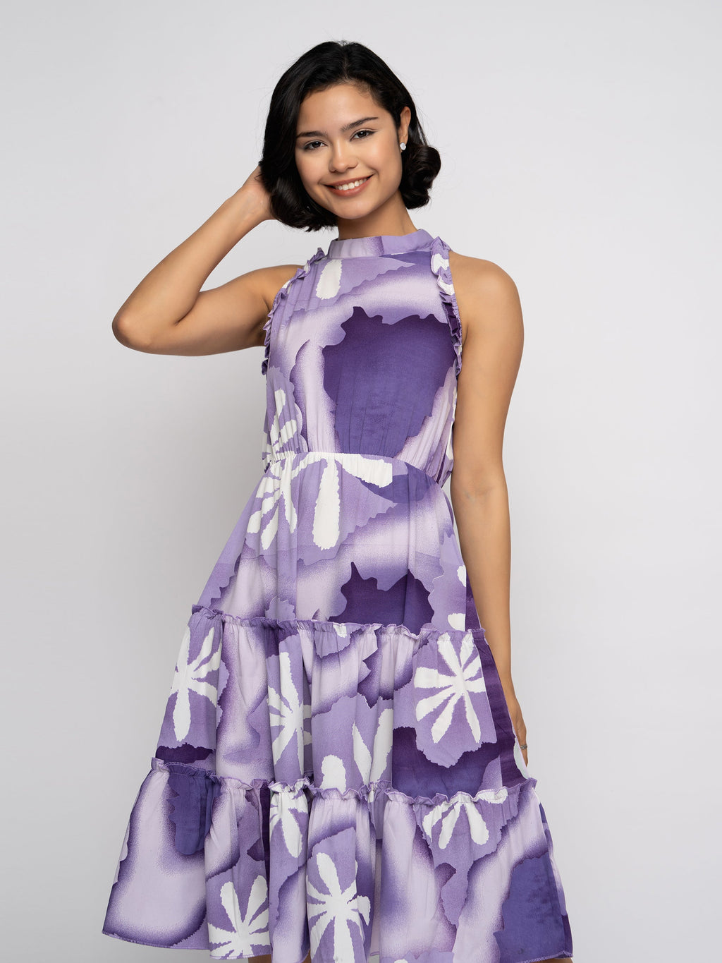 Aask Women's Green Printed Delta Crush Knee Length Fit and Flare Dress