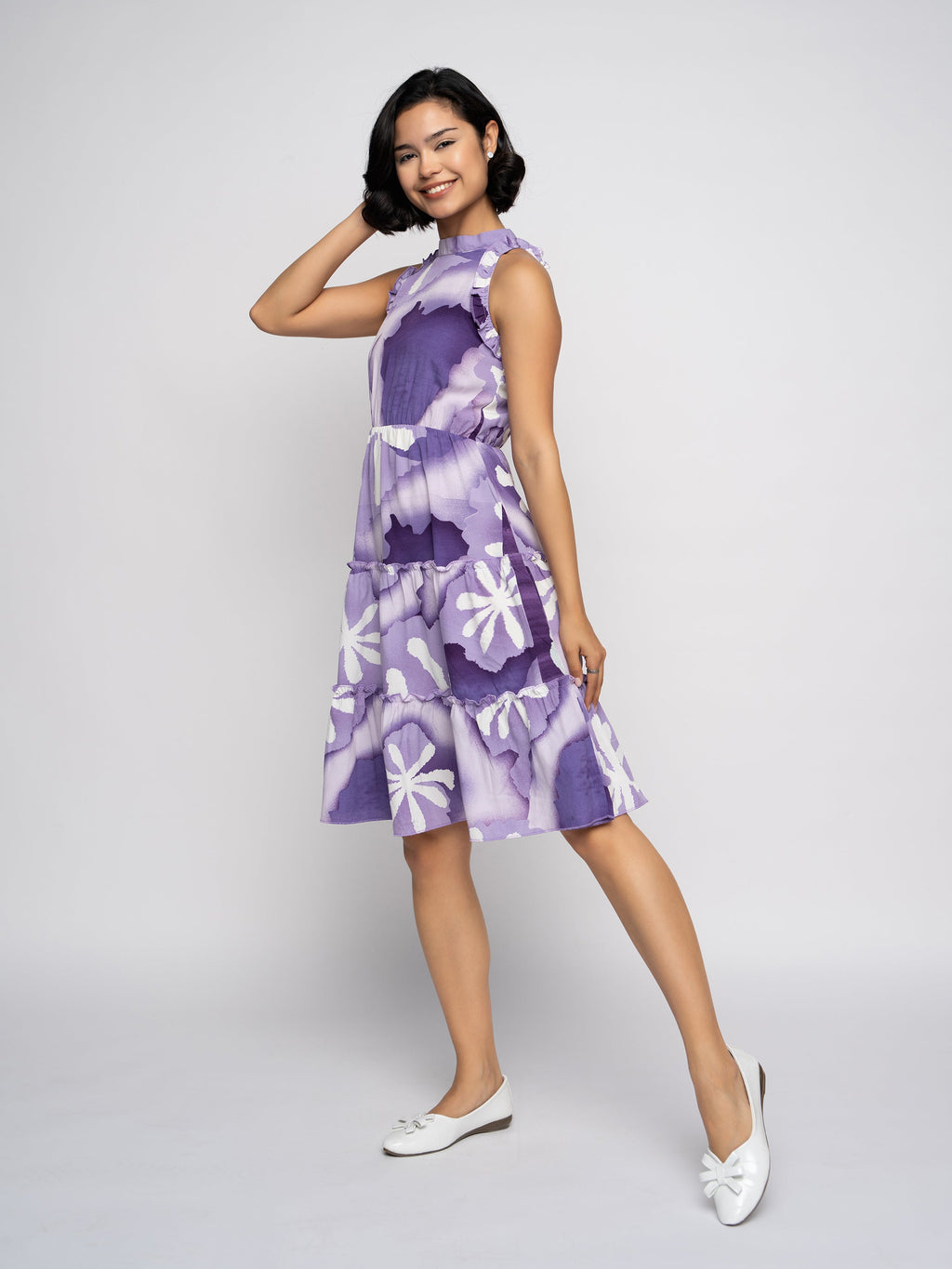 Aask Women's Green Printed Delta Crush Knee Length Fit and Flare Dress