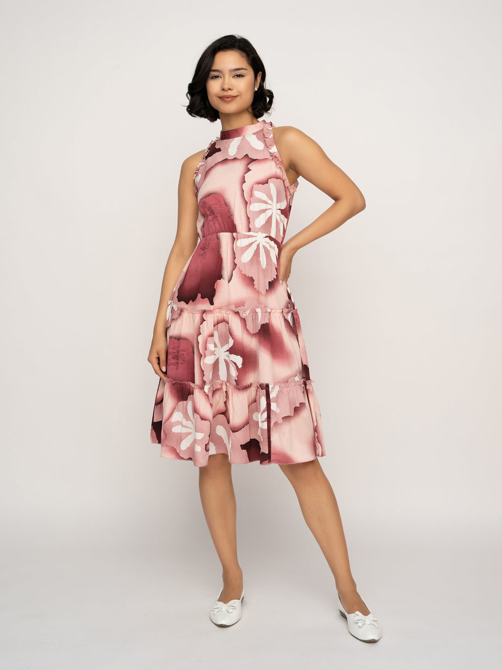 Aask Women's Green Printed Delta Crush Knee Length Fit and Flare Dress