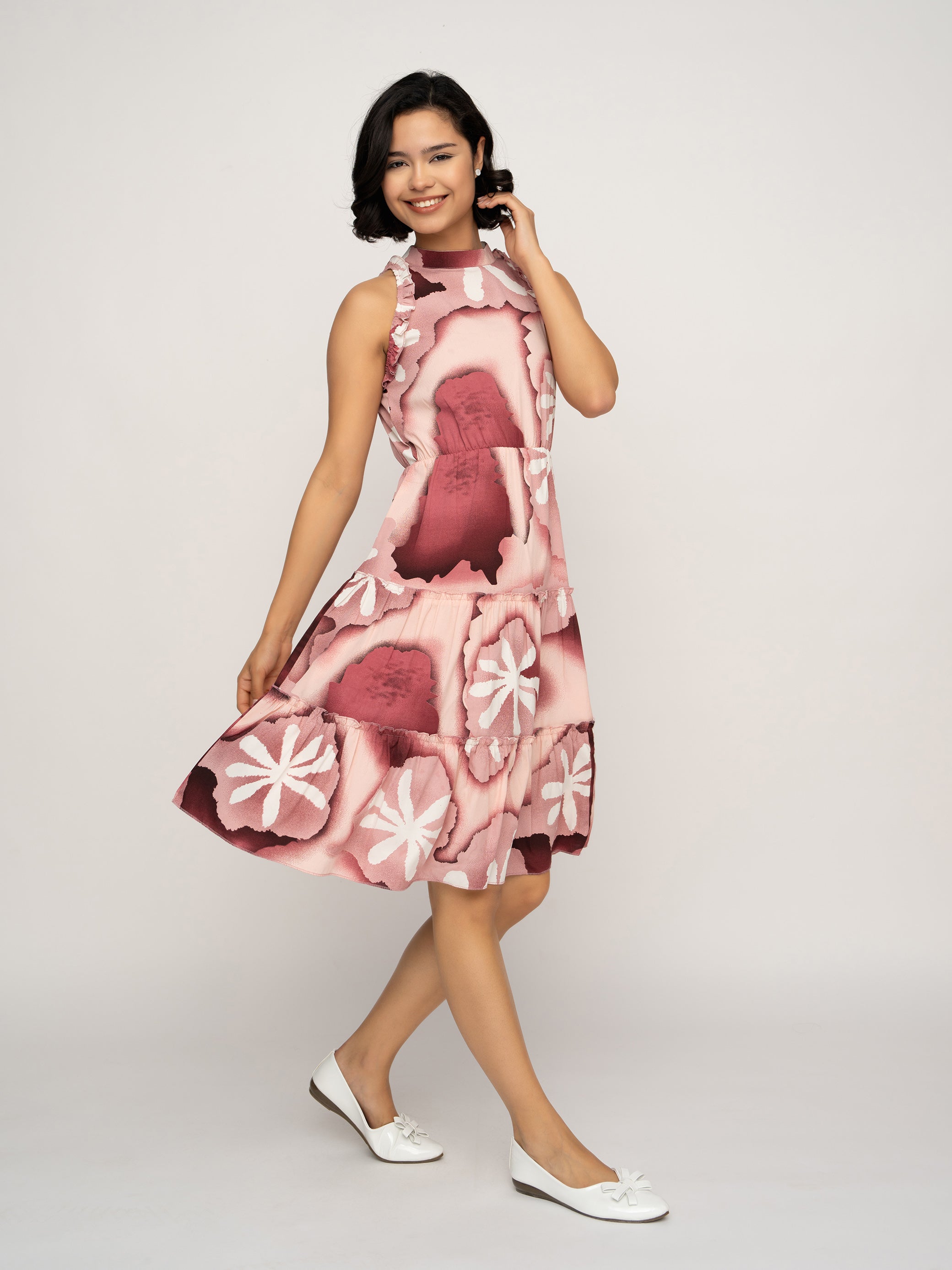 Aask Women's Green Printed Delta Crush Knee Length Fit and Flare Dress