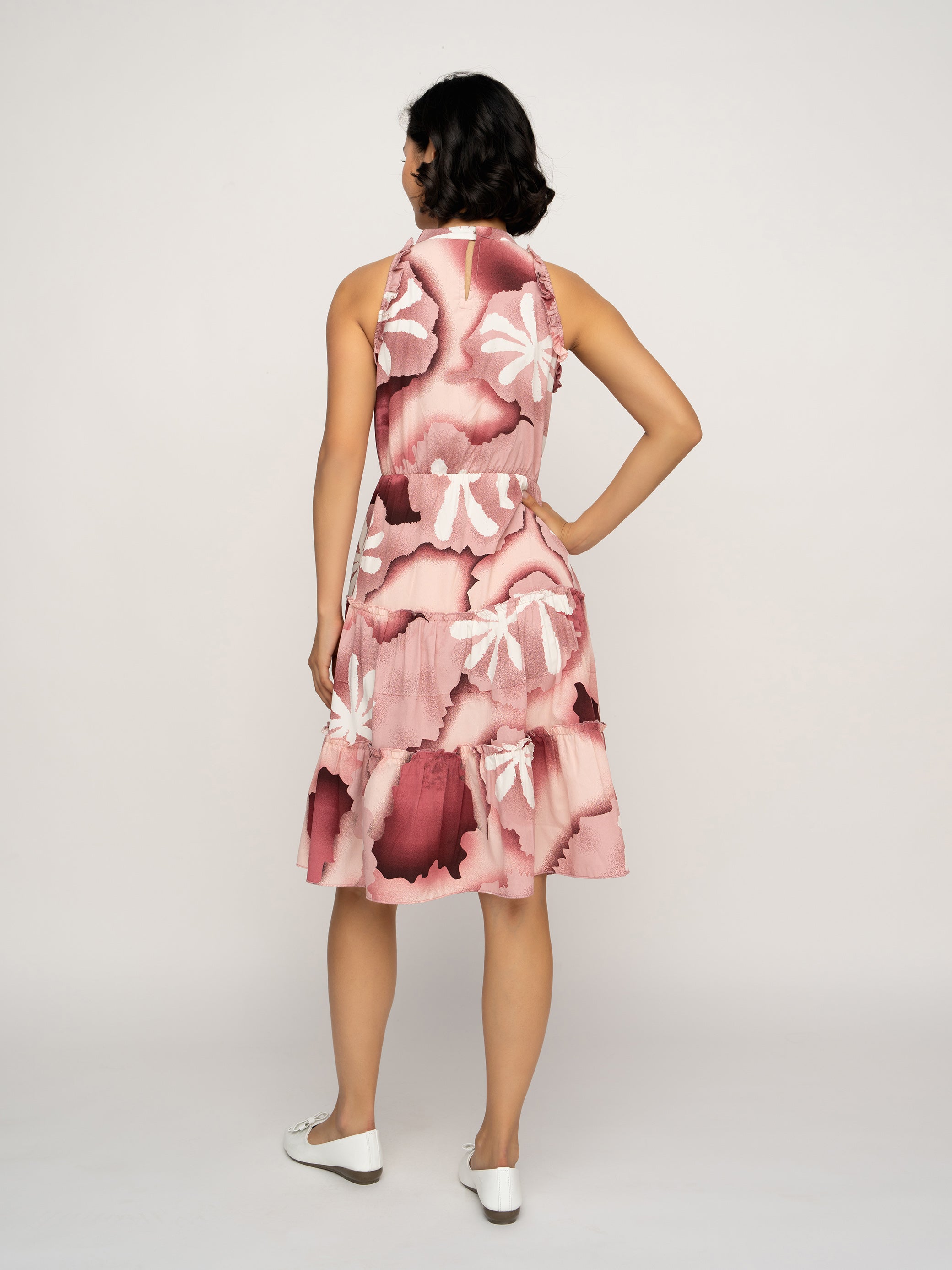 Aask Women's Green Printed Delta Crush Knee Length Fit and Flare Dress