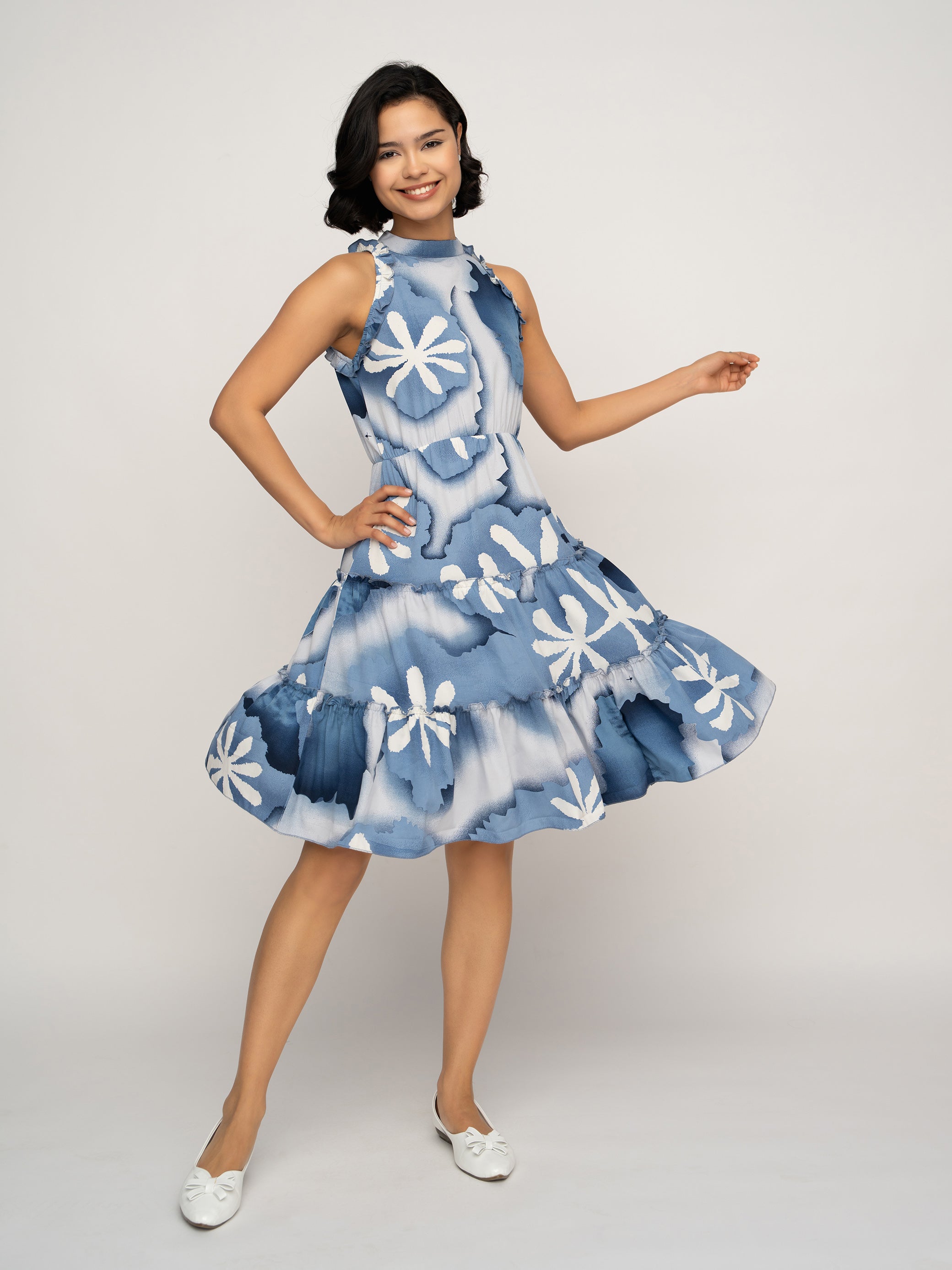 Aask Women's Green Printed Delta Crush Knee Length Fit and Flare Dress