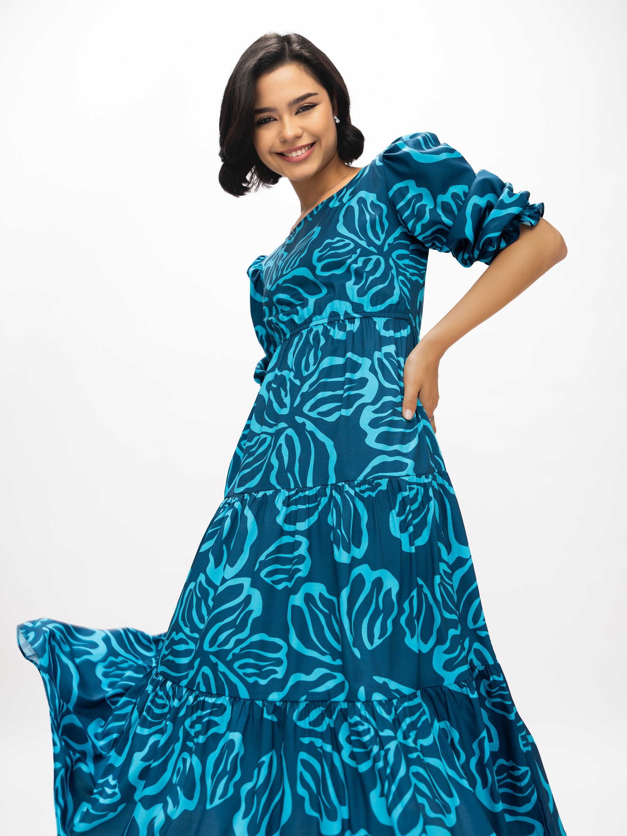 Aask Women's Blue Printed Delta Crush Calf Length Fit and Flare Dress