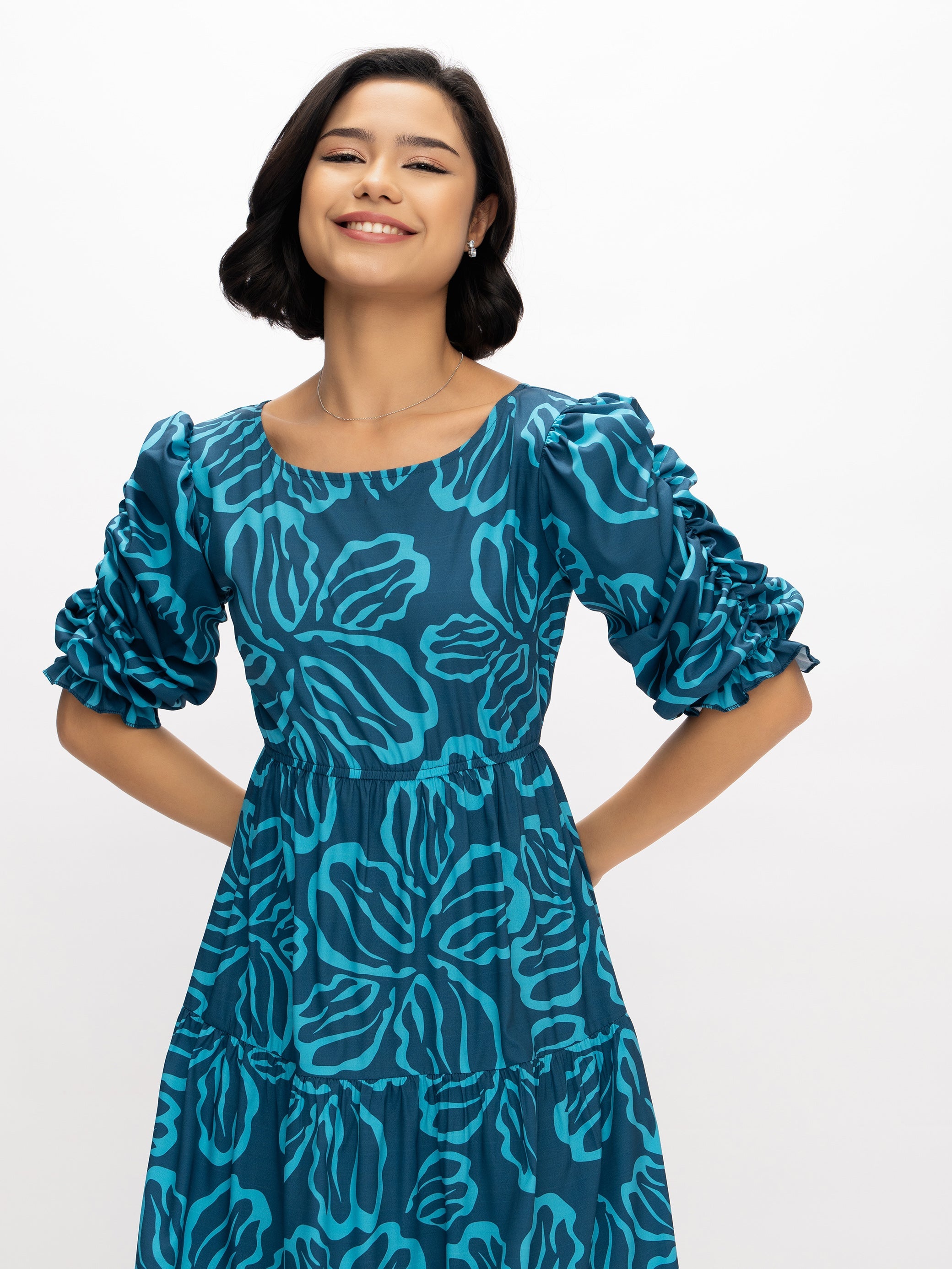 Aask Women's Blue Printed Delta Crush Calf Length Fit and Flare Dress