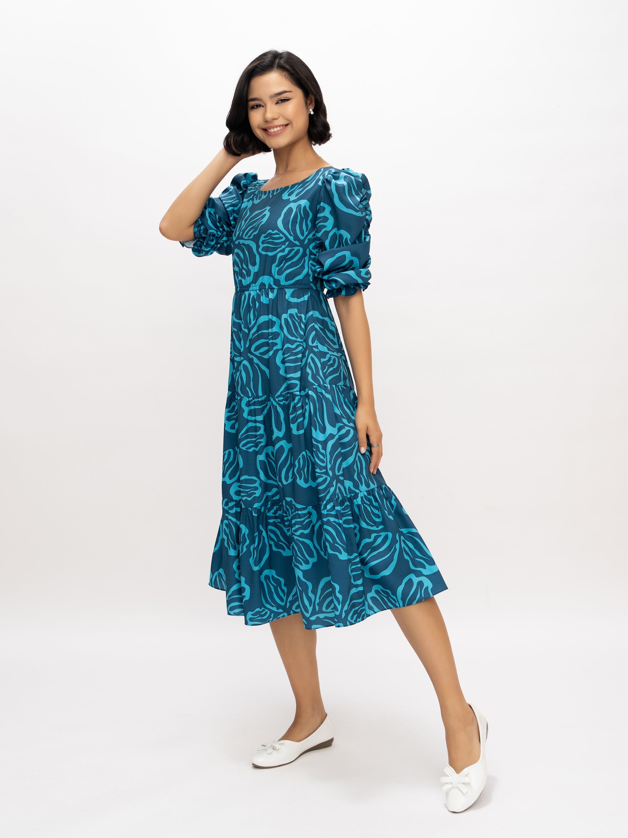 Aask Women's Blue Printed Delta Crush Calf Length Fit and Flare Dress