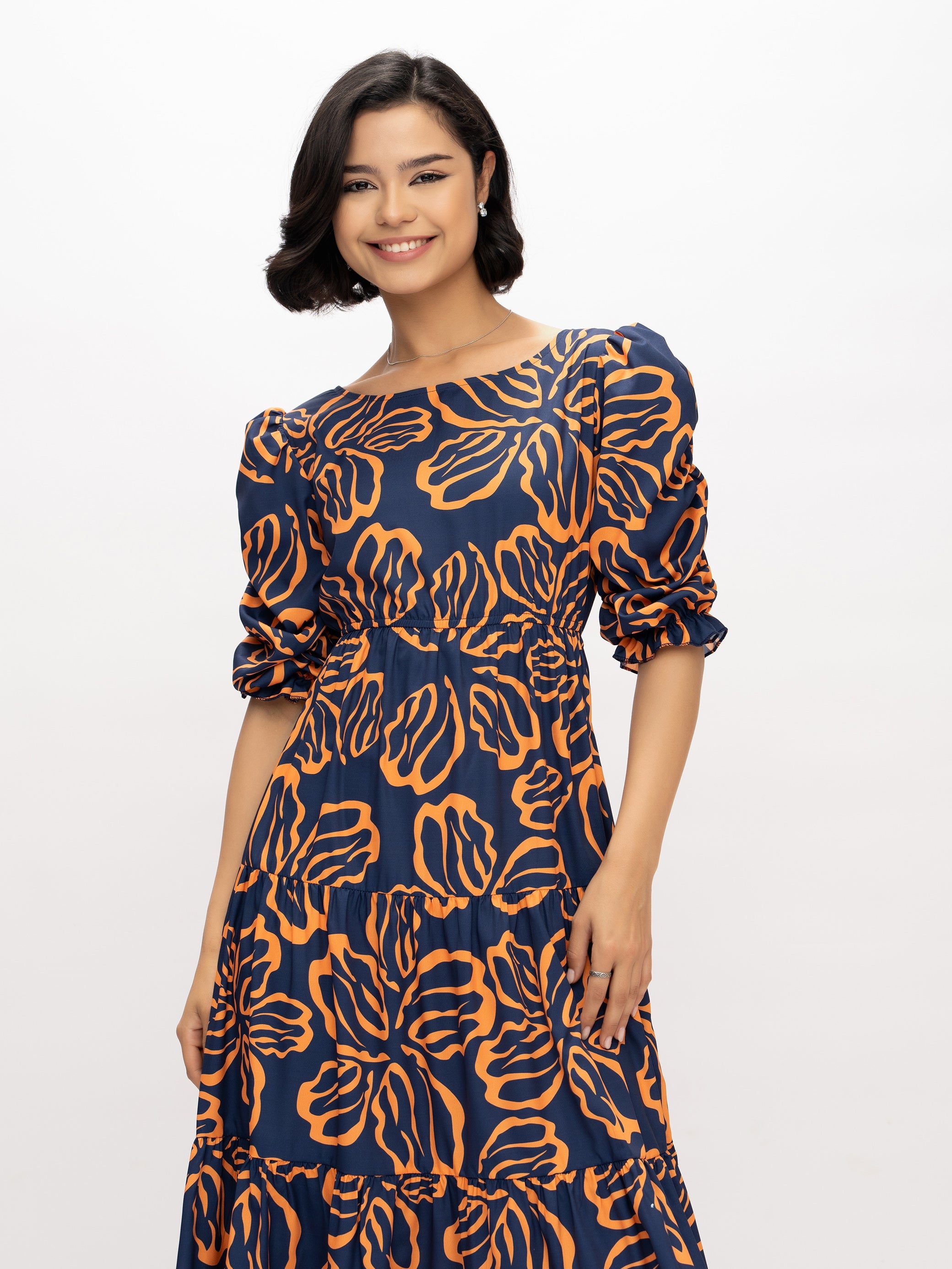Aask Women's Blue Printed Delta Crush Calf Length Fit and Flare Dress