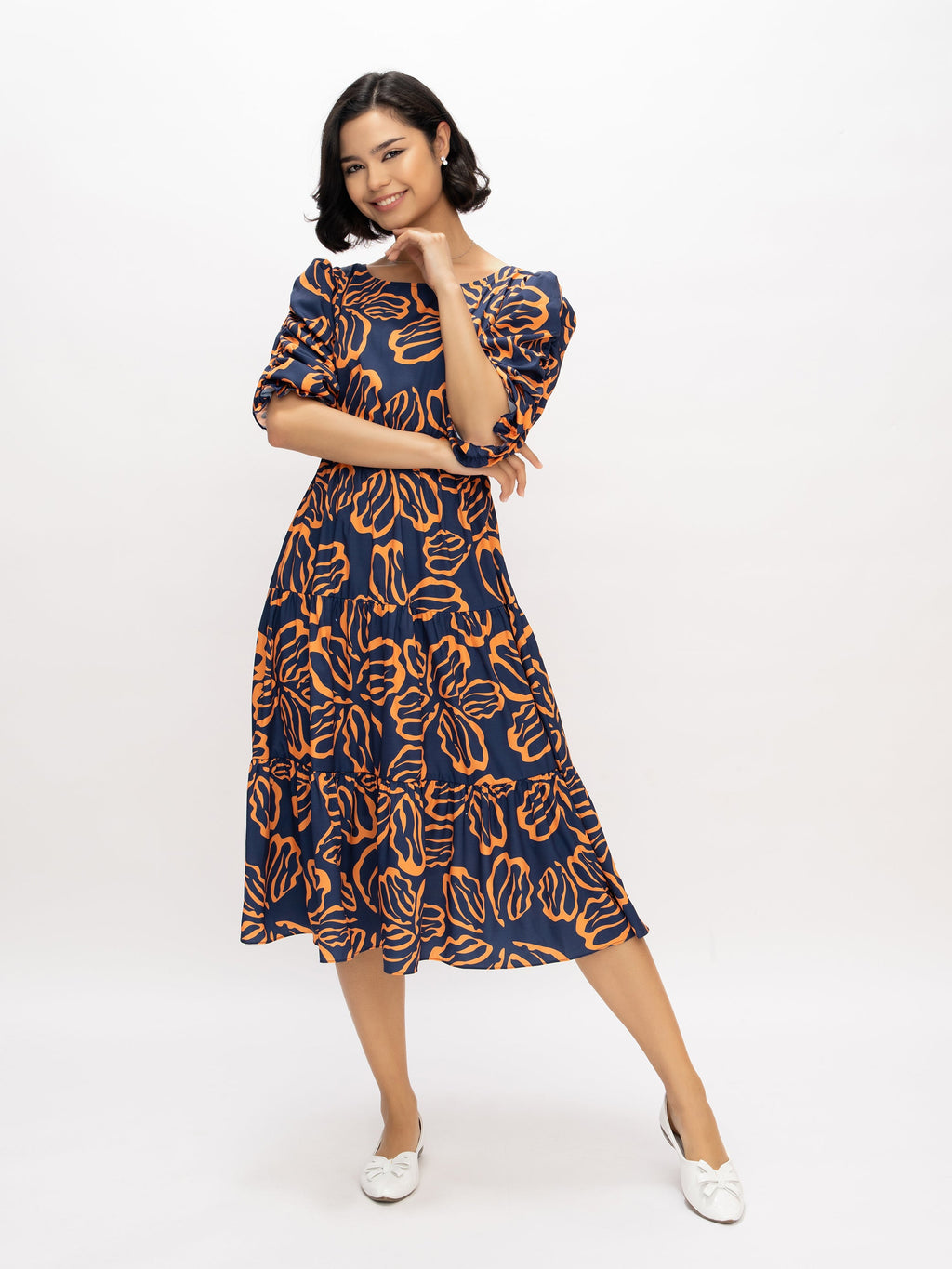 Aask Women's Blue Printed Delta Crush Calf Length Fit and Flare Dress