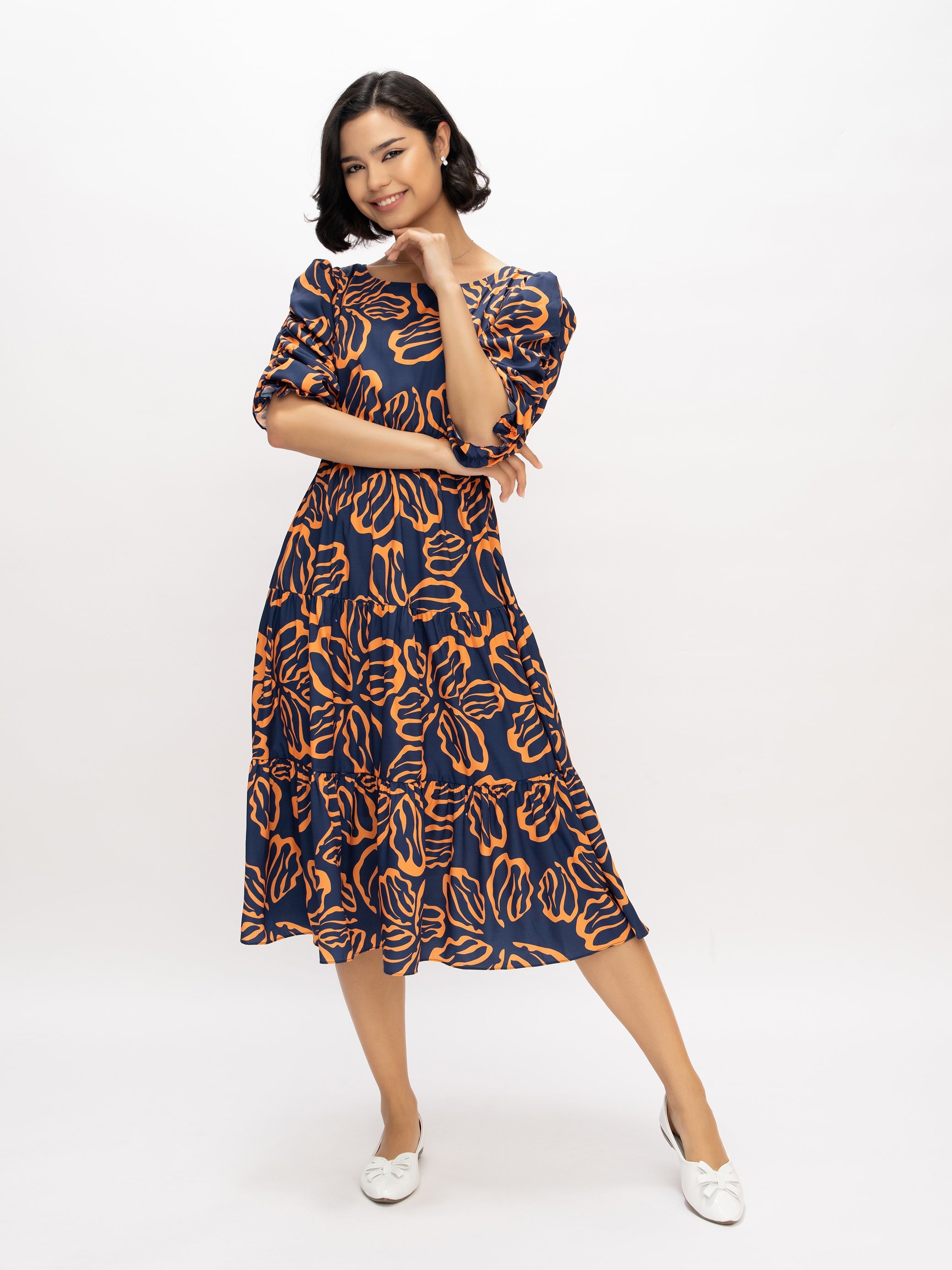 Aask Women's Blue Printed Delta Crush Calf Length Fit and Flare Dress