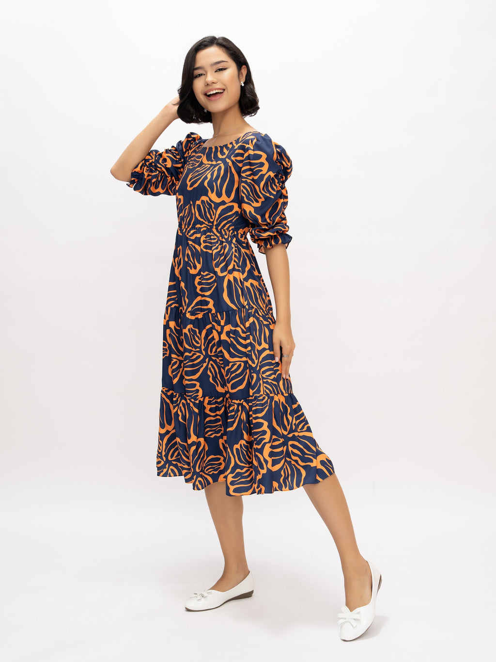 Aask Women's Blue Printed Delta Crush Calf Length Fit and Flare Dress