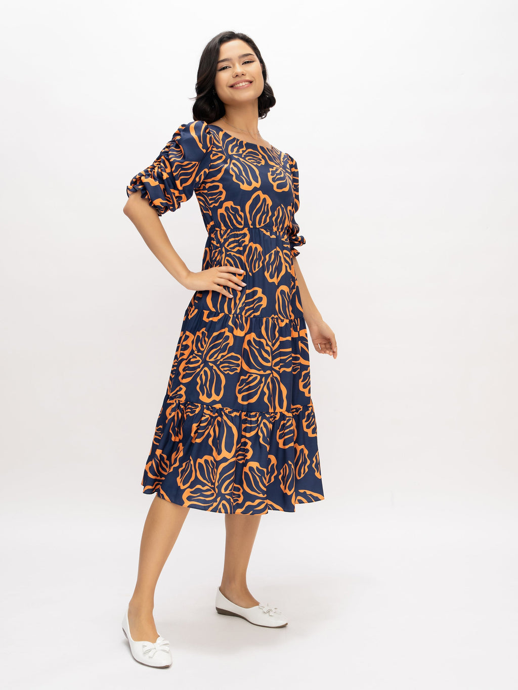 Aask Women's Blue Printed Delta Crush Calf Length Fit and Flare Dress