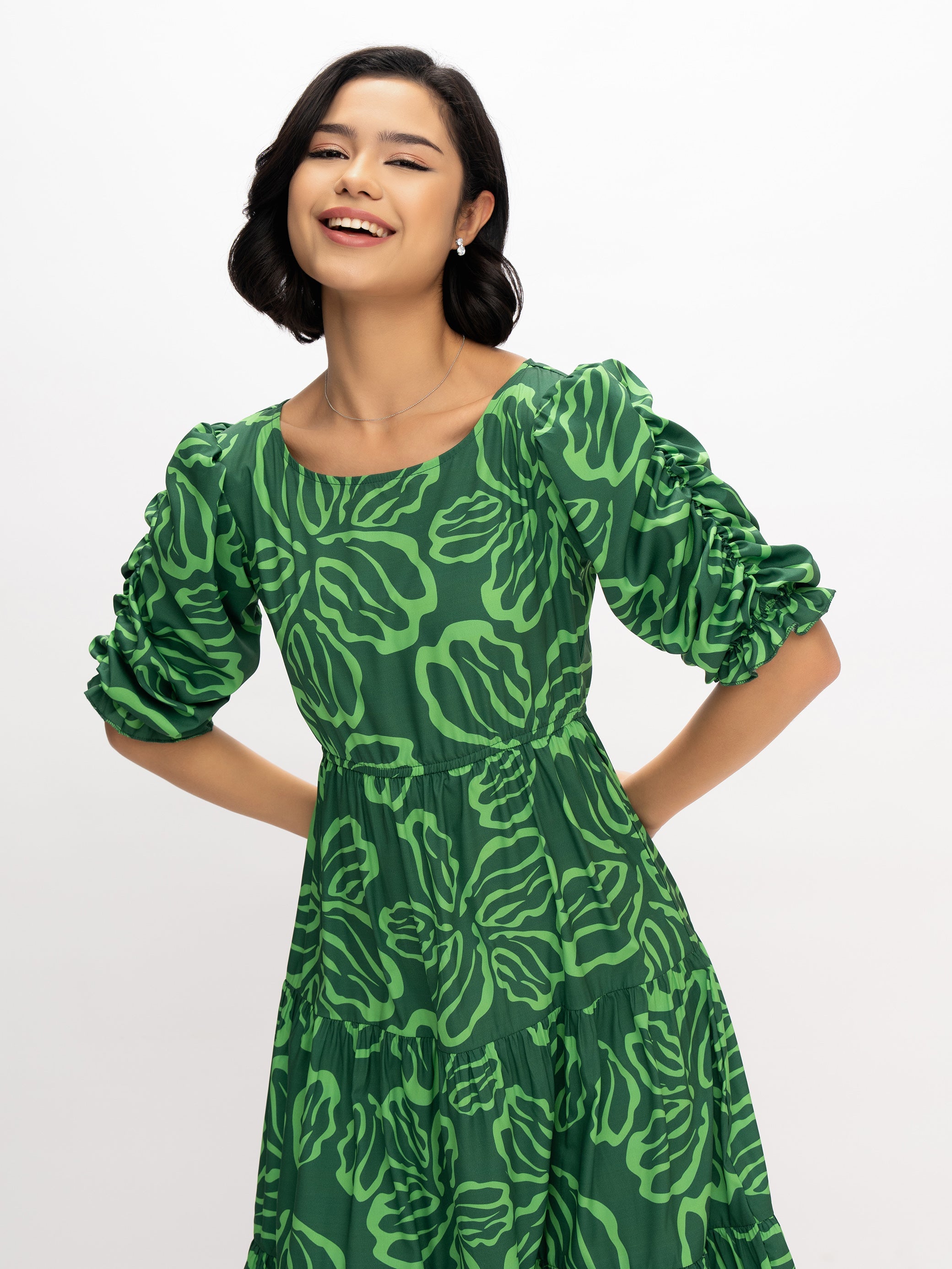 Aask Women's Blue Printed Delta Crush Calf Length Fit and Flare Dress