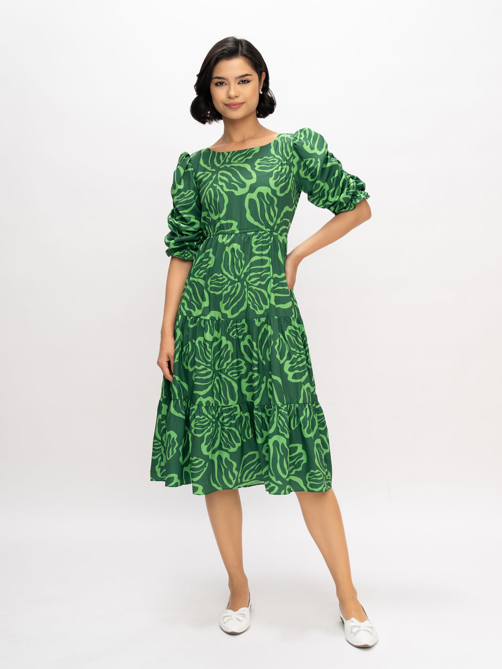 Aask Women's Blue Printed Delta Crush Calf Length Fit and Flare Dress