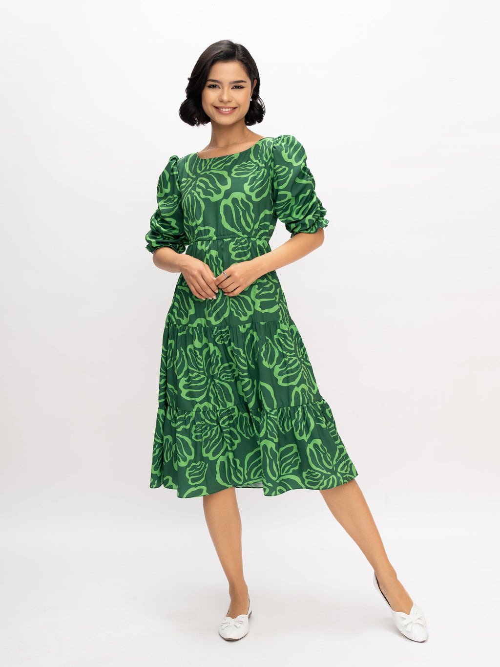 Aask Women's Blue Printed Delta Crush Calf Length Fit and Flare Dress