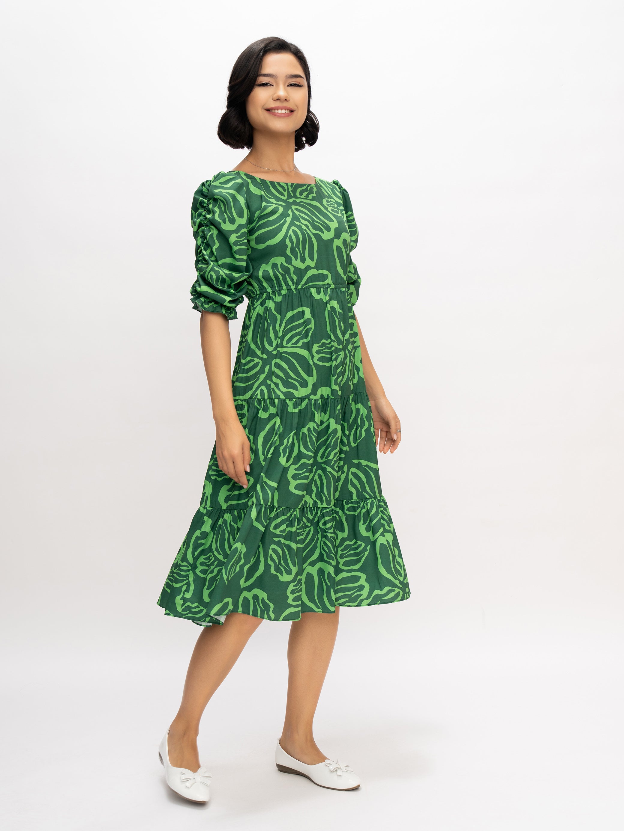 Aask Women's Blue Printed Delta Crush Calf Length Fit and Flare Dress