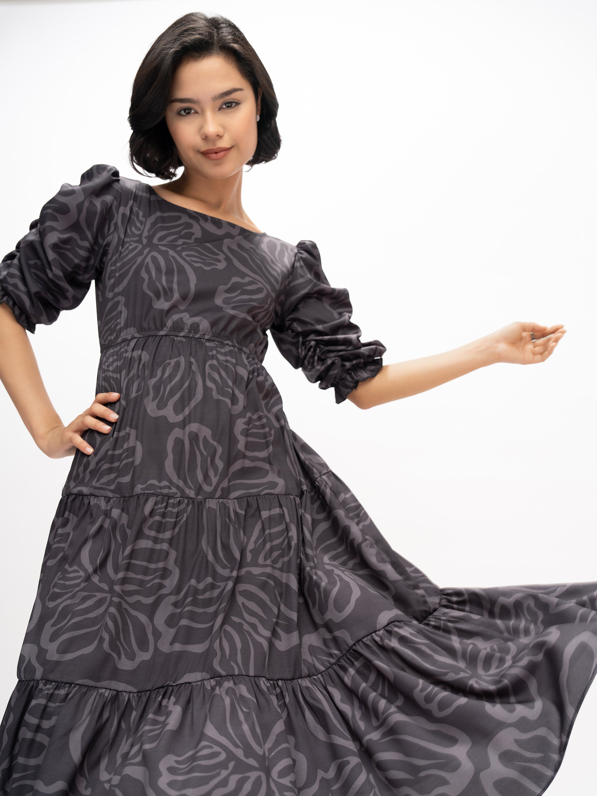 Aask Women's Blue Printed Delta Crush Calf Length Fit and Flare Dress