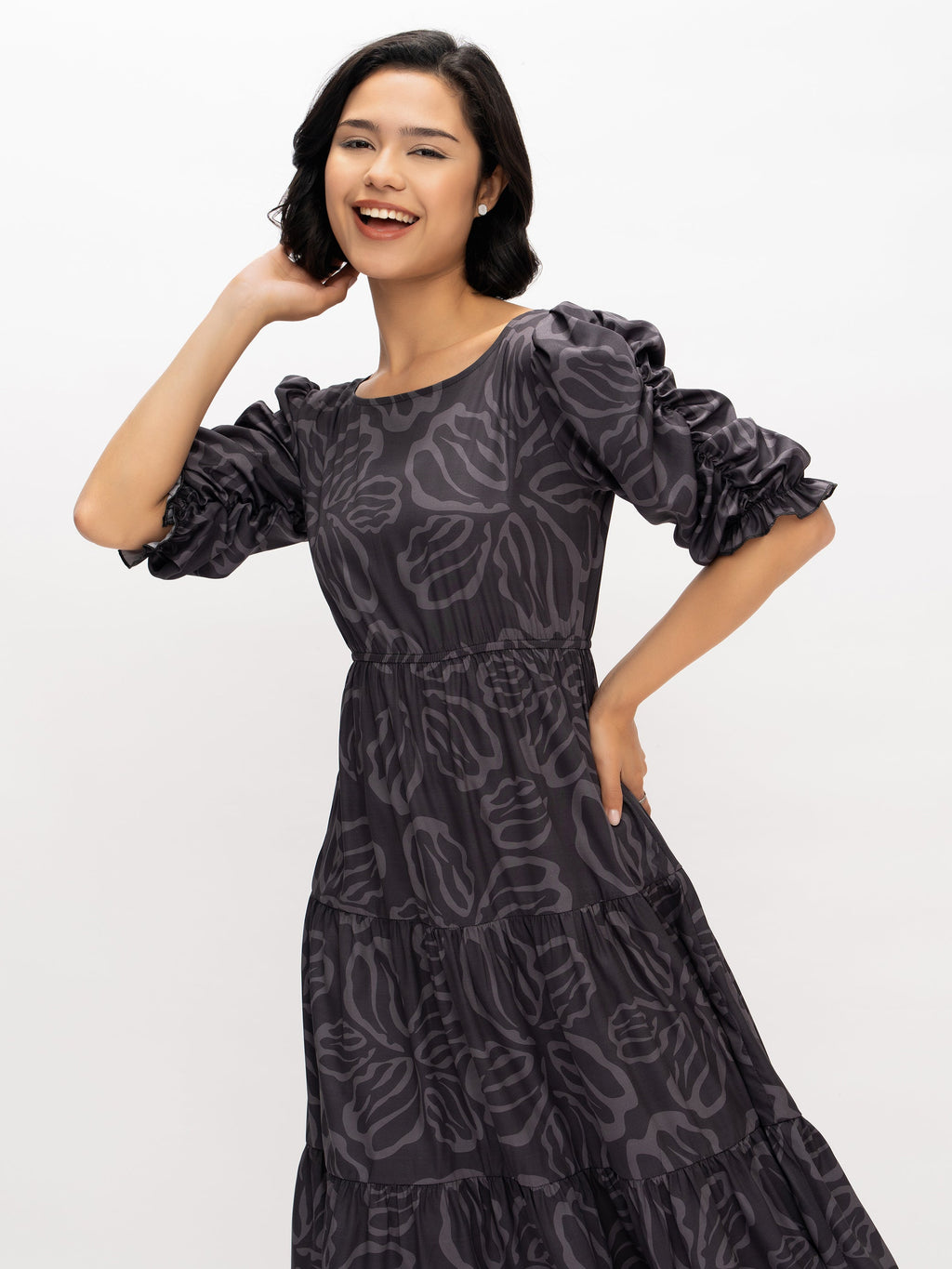 Aask Women's Blue Printed Delta Crush Calf Length Fit and Flare Dress