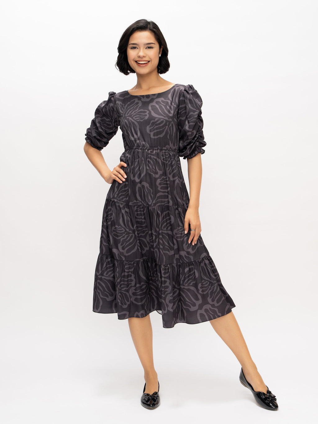 Aask Women's Blue Printed Delta Crush Calf Length Fit and Flare Dress