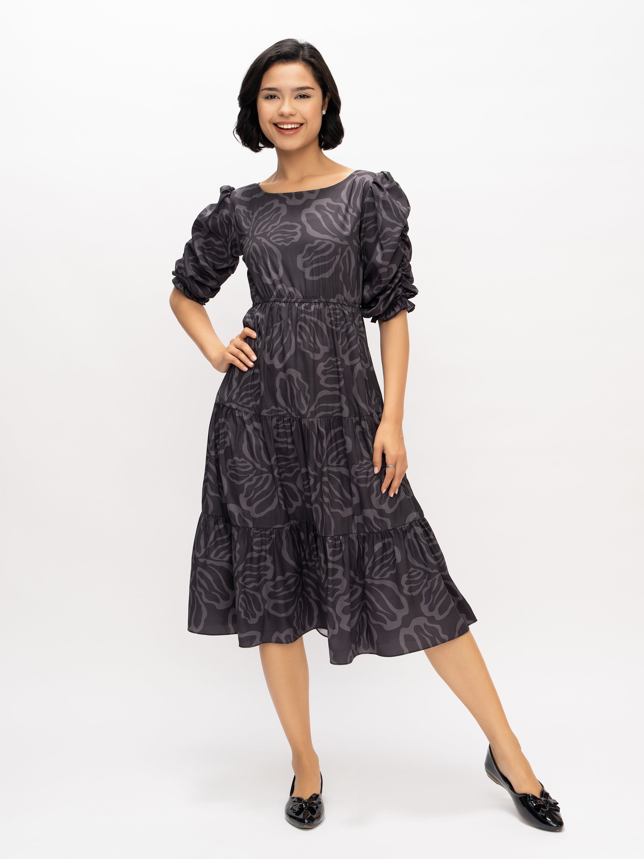 Aask Women's Blue Printed Delta Crush Calf Length Fit and Flare Dress