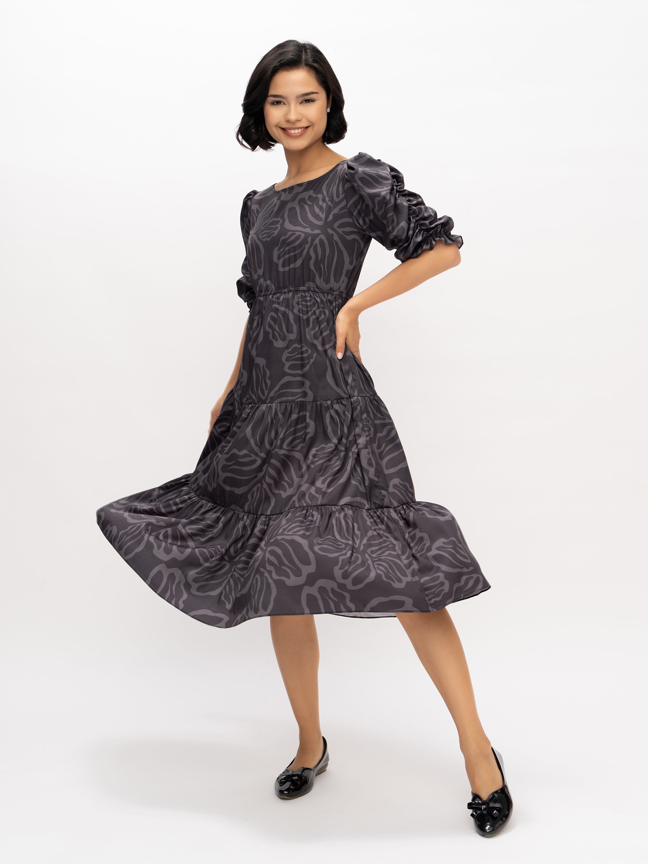 Aask Women's Blue Printed Delta Crush Calf Length Fit and Flare Dress