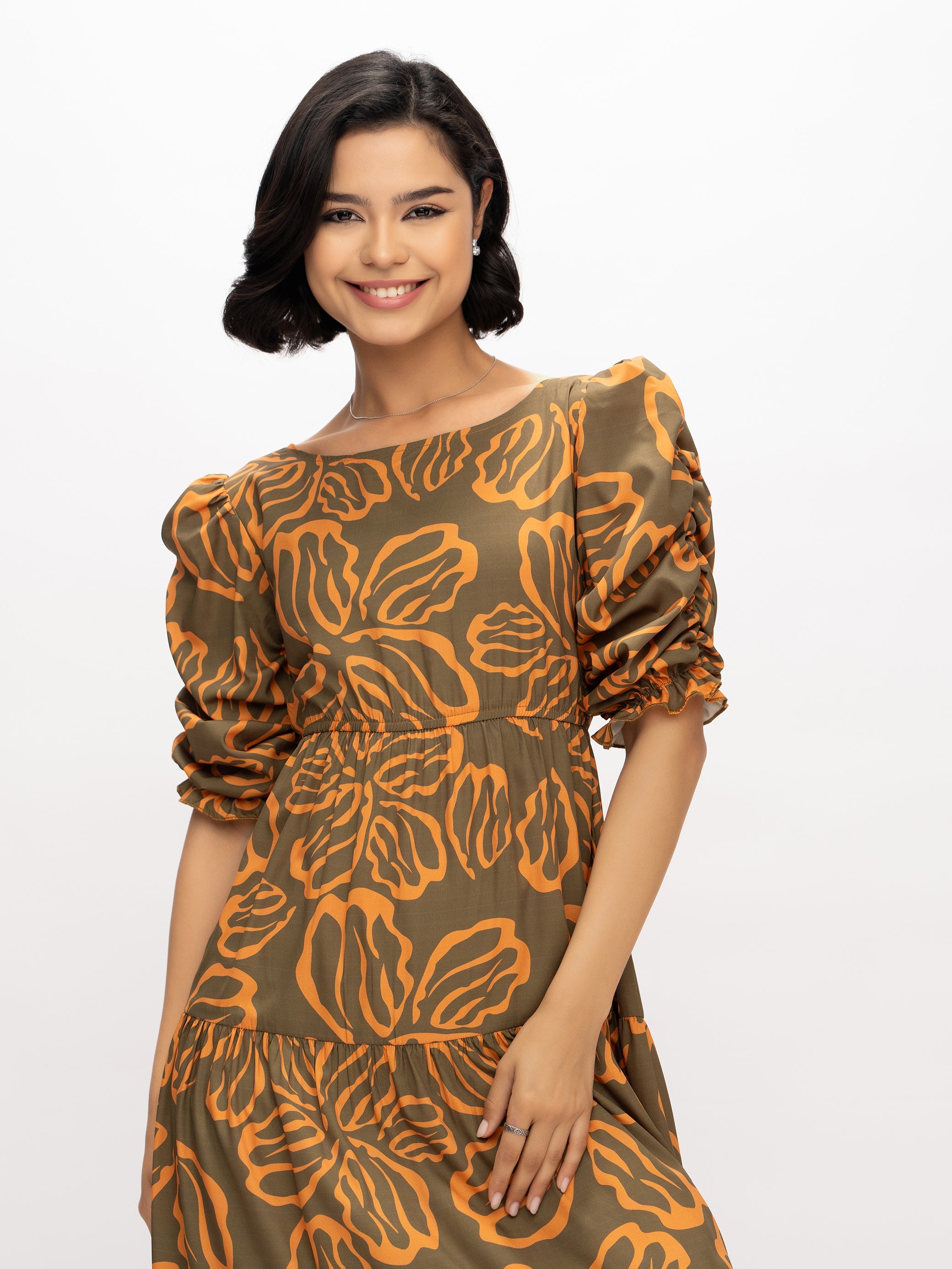 Aask Women's Blue Printed Delta Crush Calf Length Fit and Flare Dress