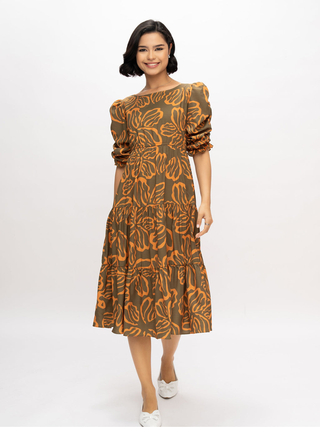 Aask Women's Blue Printed Delta Crush Calf Length Fit and Flare Dress