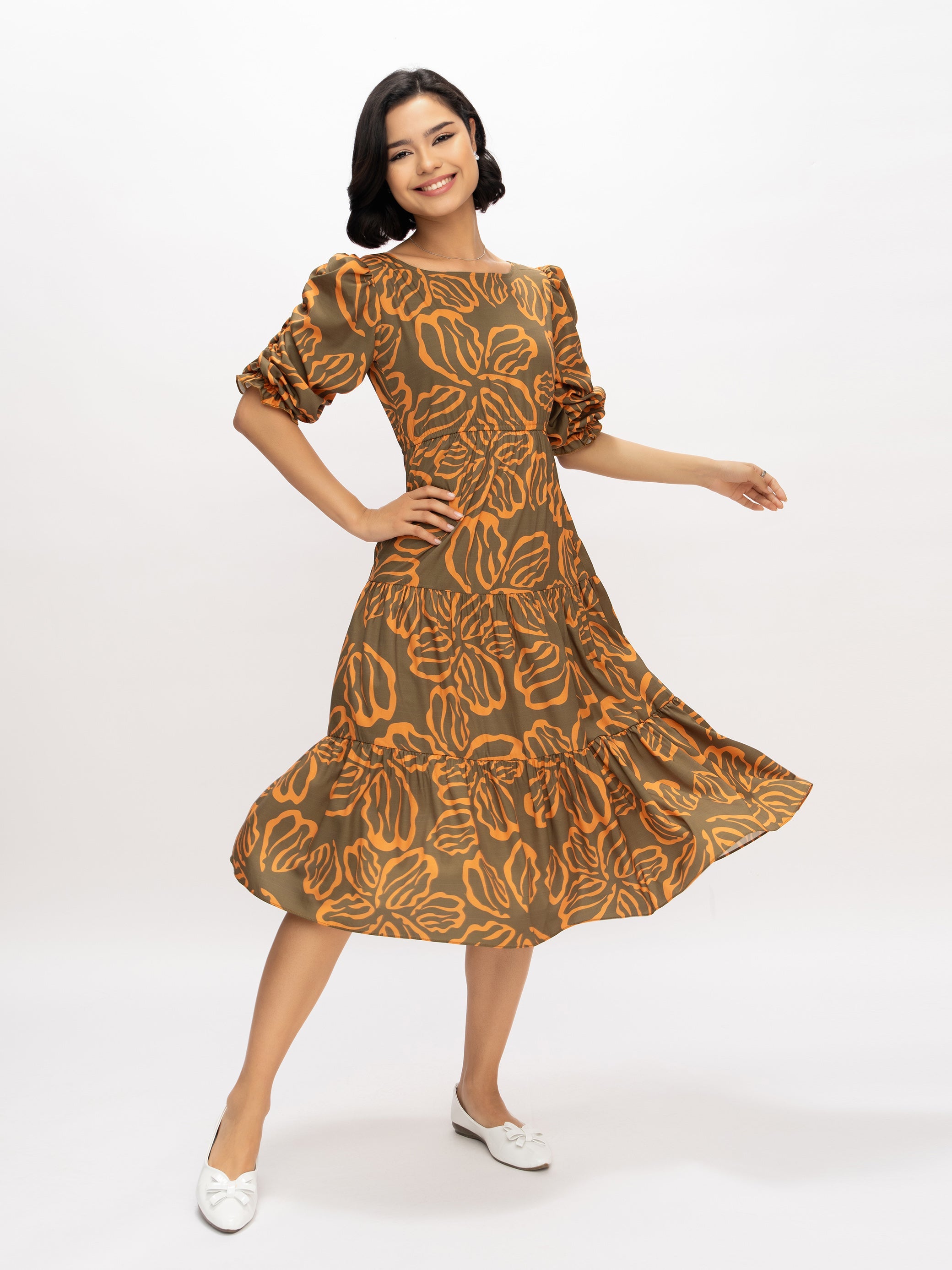 Aask Women's Blue Printed Delta Crush Calf Length Fit and Flare Dress