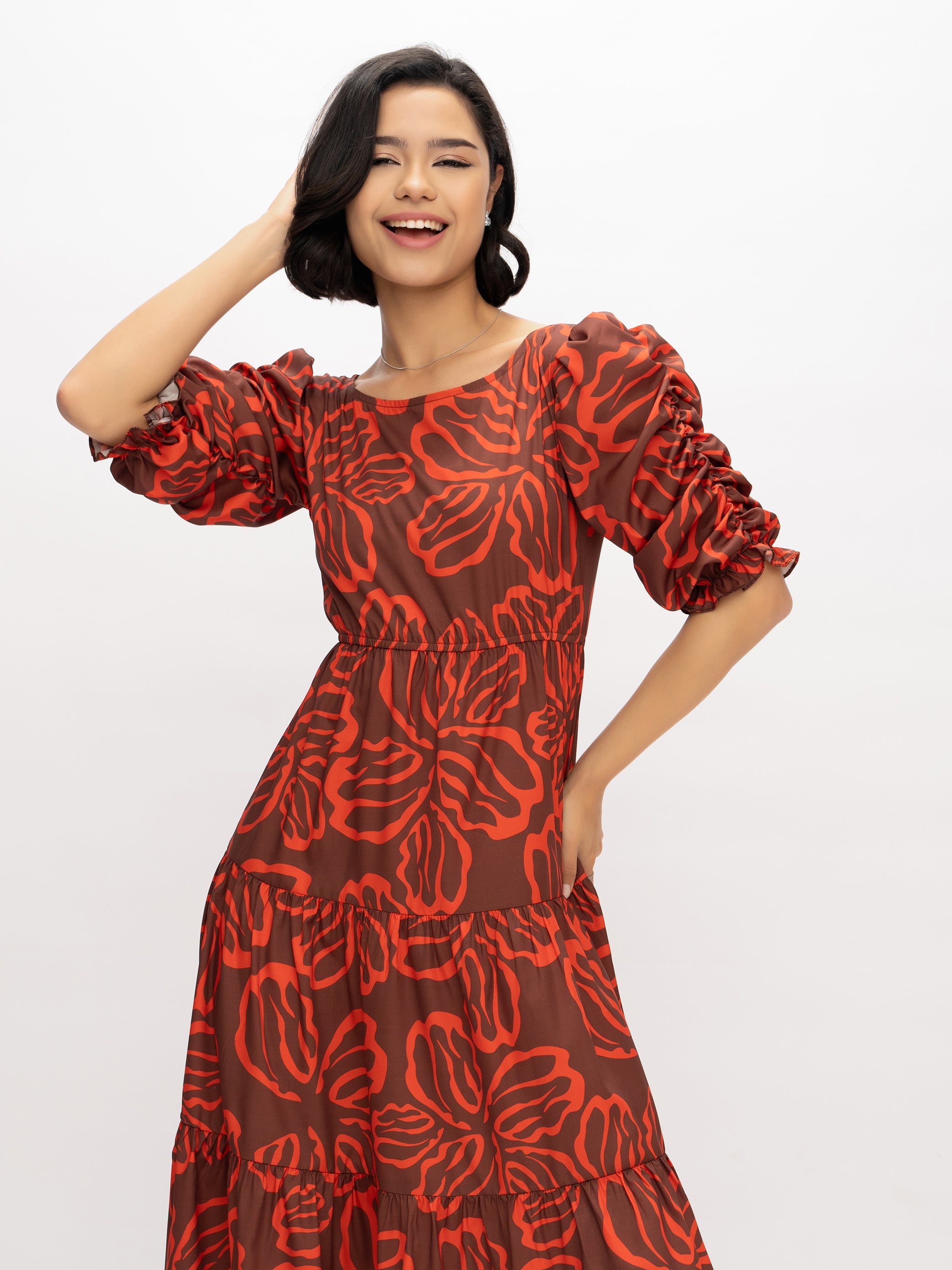 Aask Women's Blue Printed Delta Crush Calf Length Fit and Flare Dress