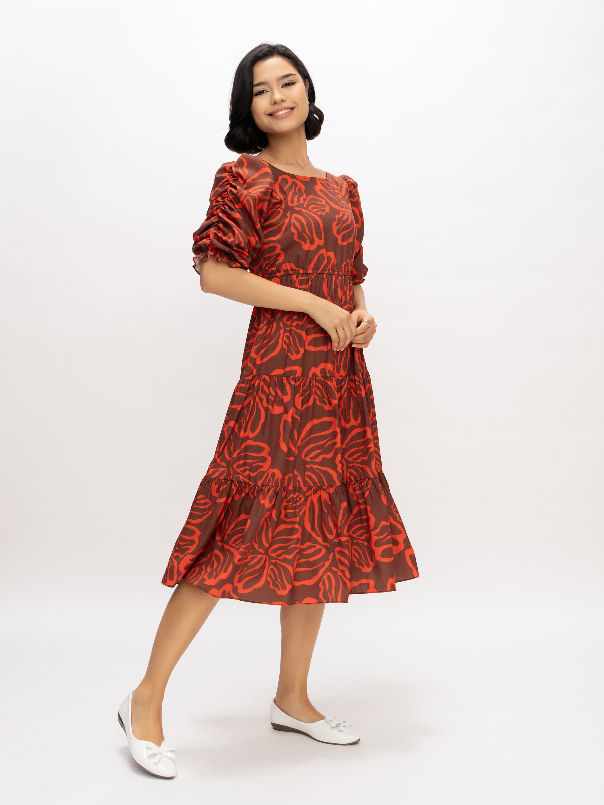 Aask Women's Blue Printed Delta Crush Calf Length Fit and Flare Dress