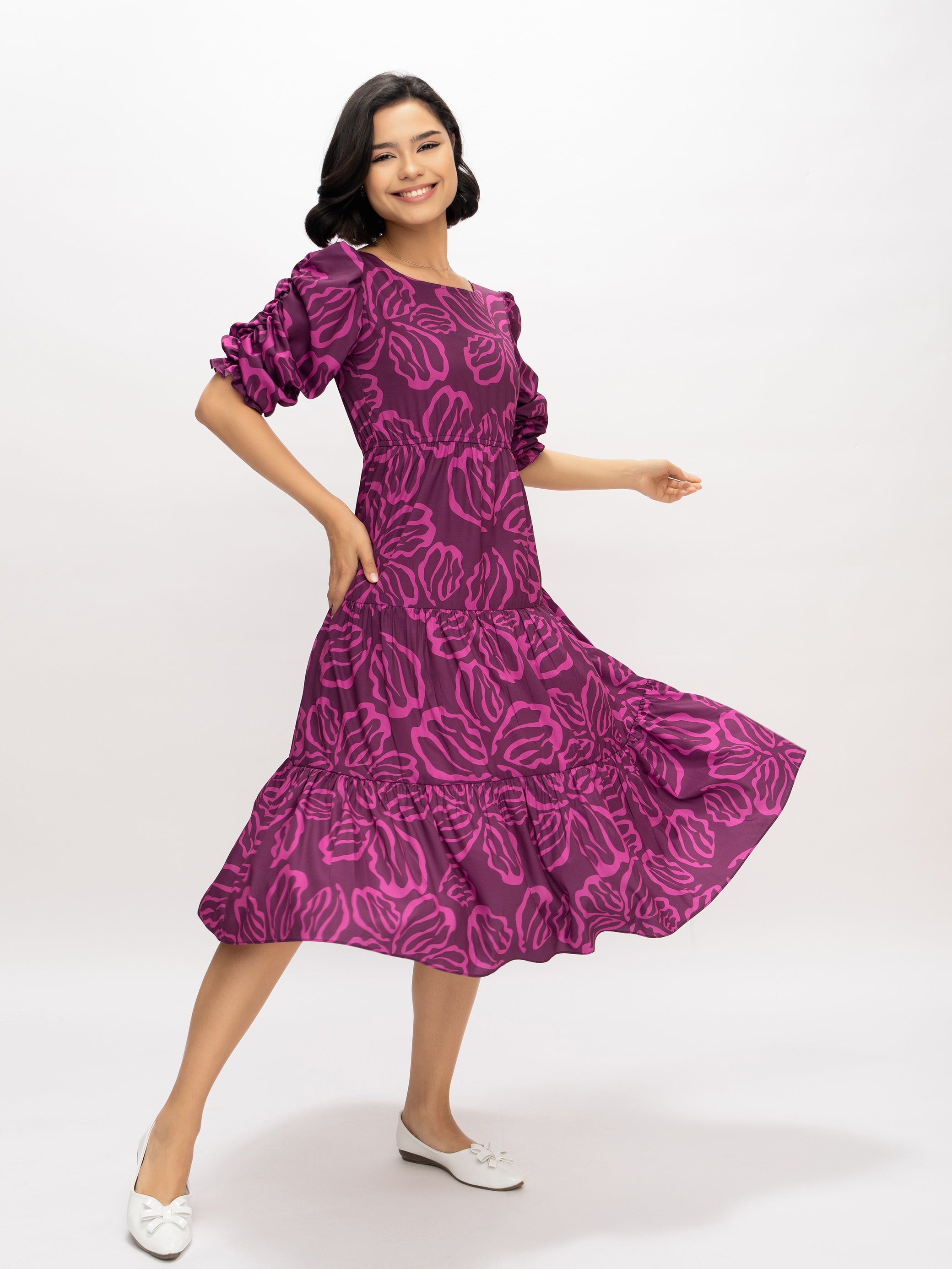 Aask Women's Blue Printed Delta Crush Calf Length Fit and Flare Dress