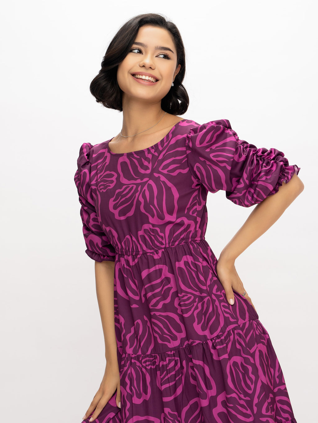 Aask Women's Blue Printed Delta Crush Calf Length Fit and Flare Dress