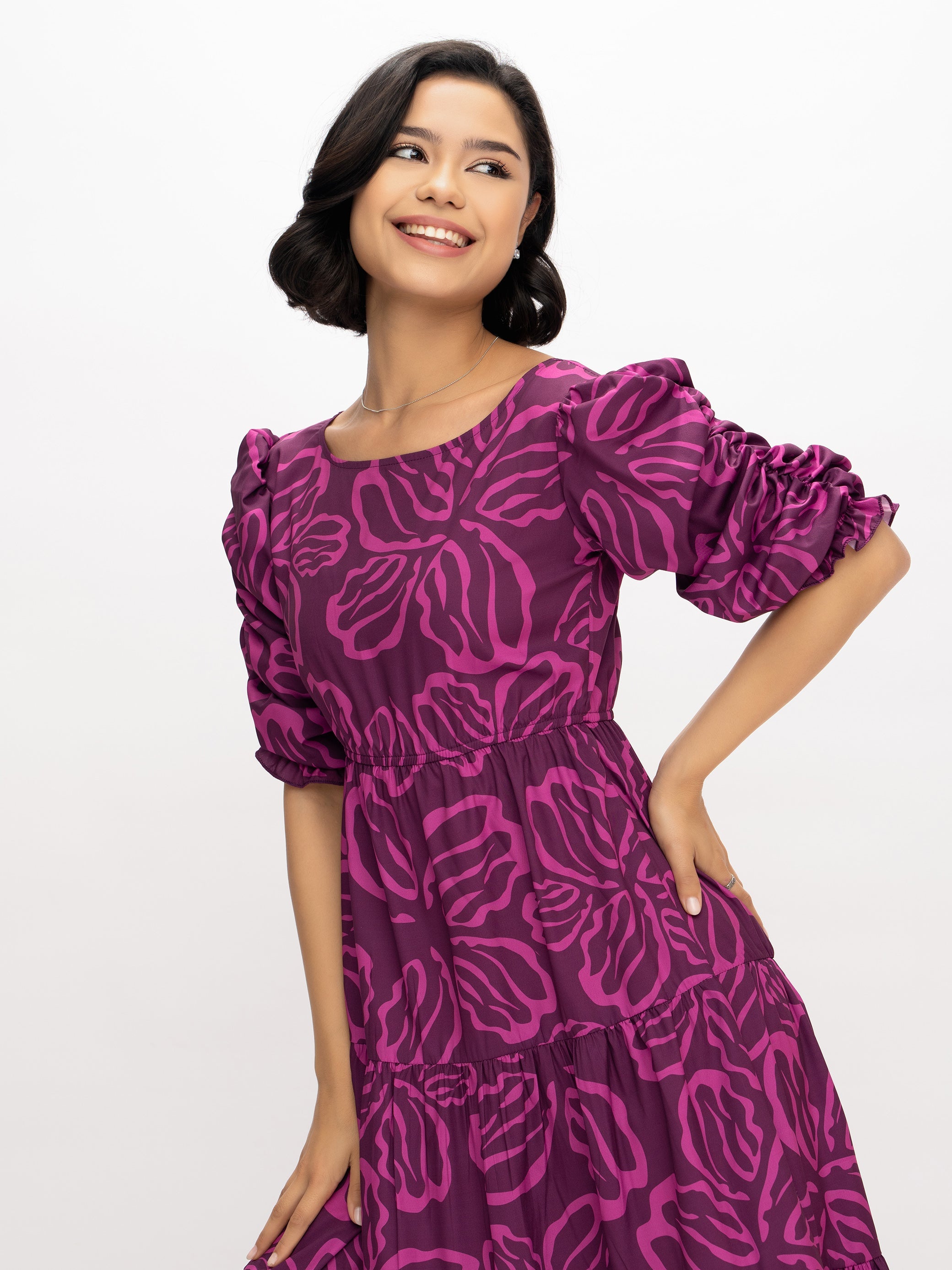 Aask Women's Blue Printed Delta Crush Calf Length Fit and Flare Dress