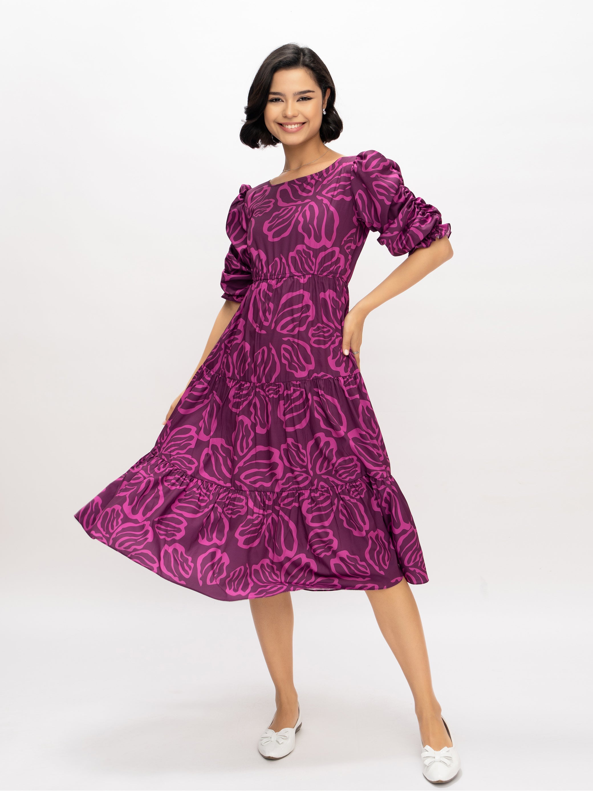 Aask Women's Blue Printed Delta Crush Calf Length Fit and Flare Dress