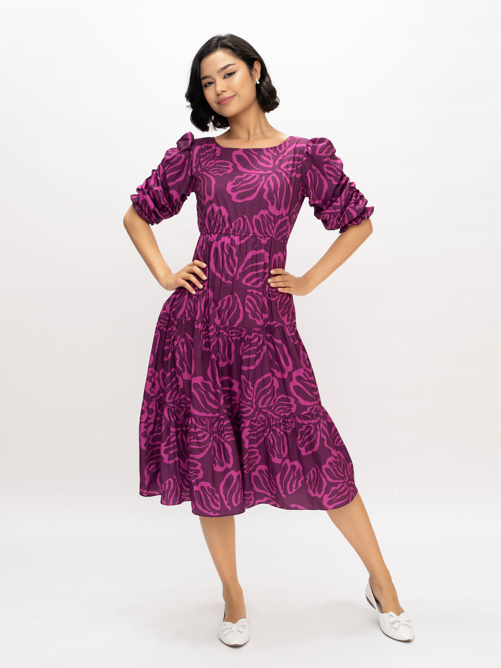 Aask Women's Blue Printed Delta Crush Calf Length Fit and Flare Dress