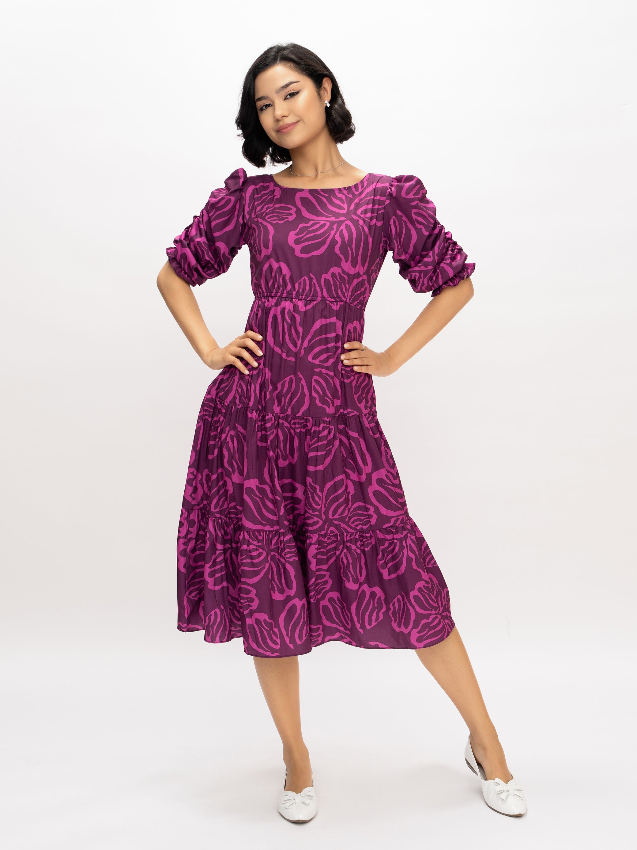 Aask Women's Blue Printed Delta Crush Calf Length Fit and Flare Dress