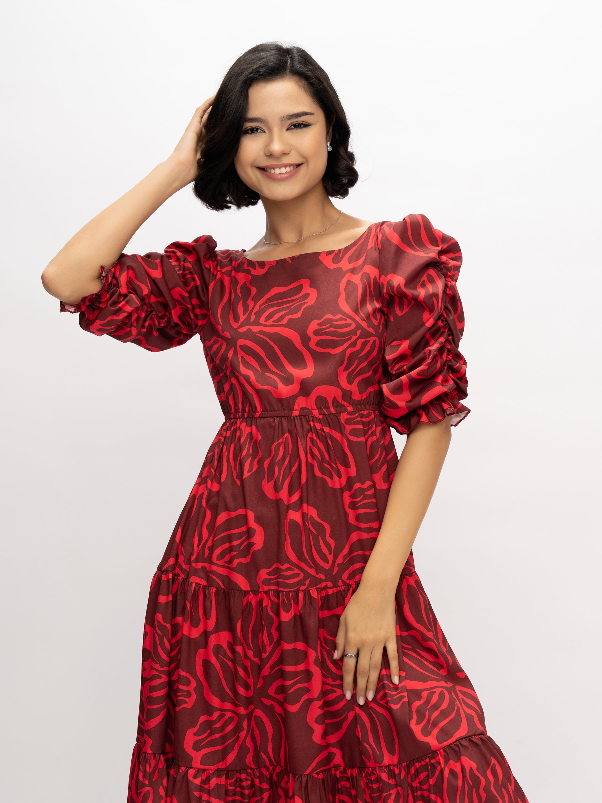 Aask Women's Blue Printed Delta Crush Calf Length Fit and Flare Dress