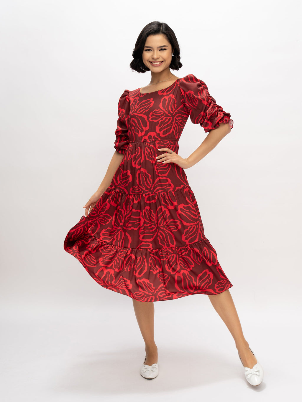 Aask Women's Blue Printed Delta Crush Calf Length Fit and Flare Dress