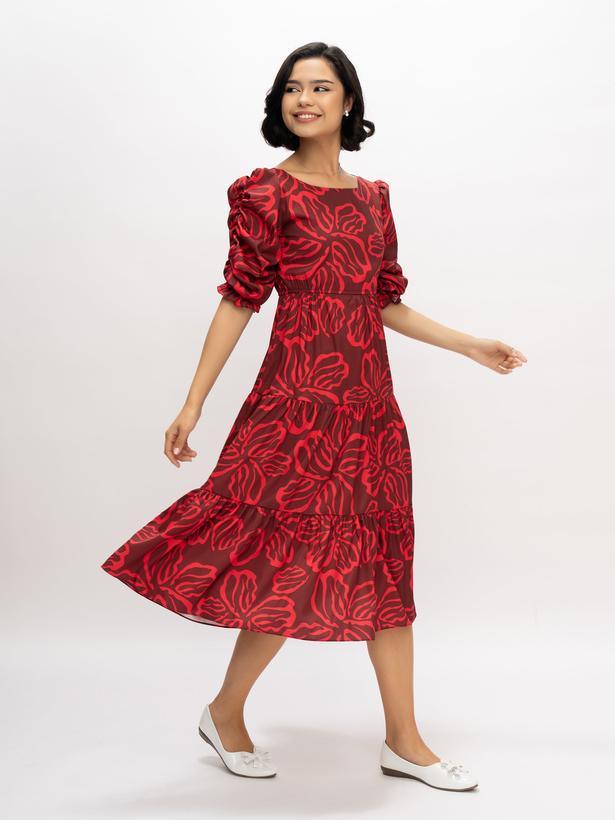 Aask Women's Blue Printed Delta Crush Calf Length Fit and Flare Dress