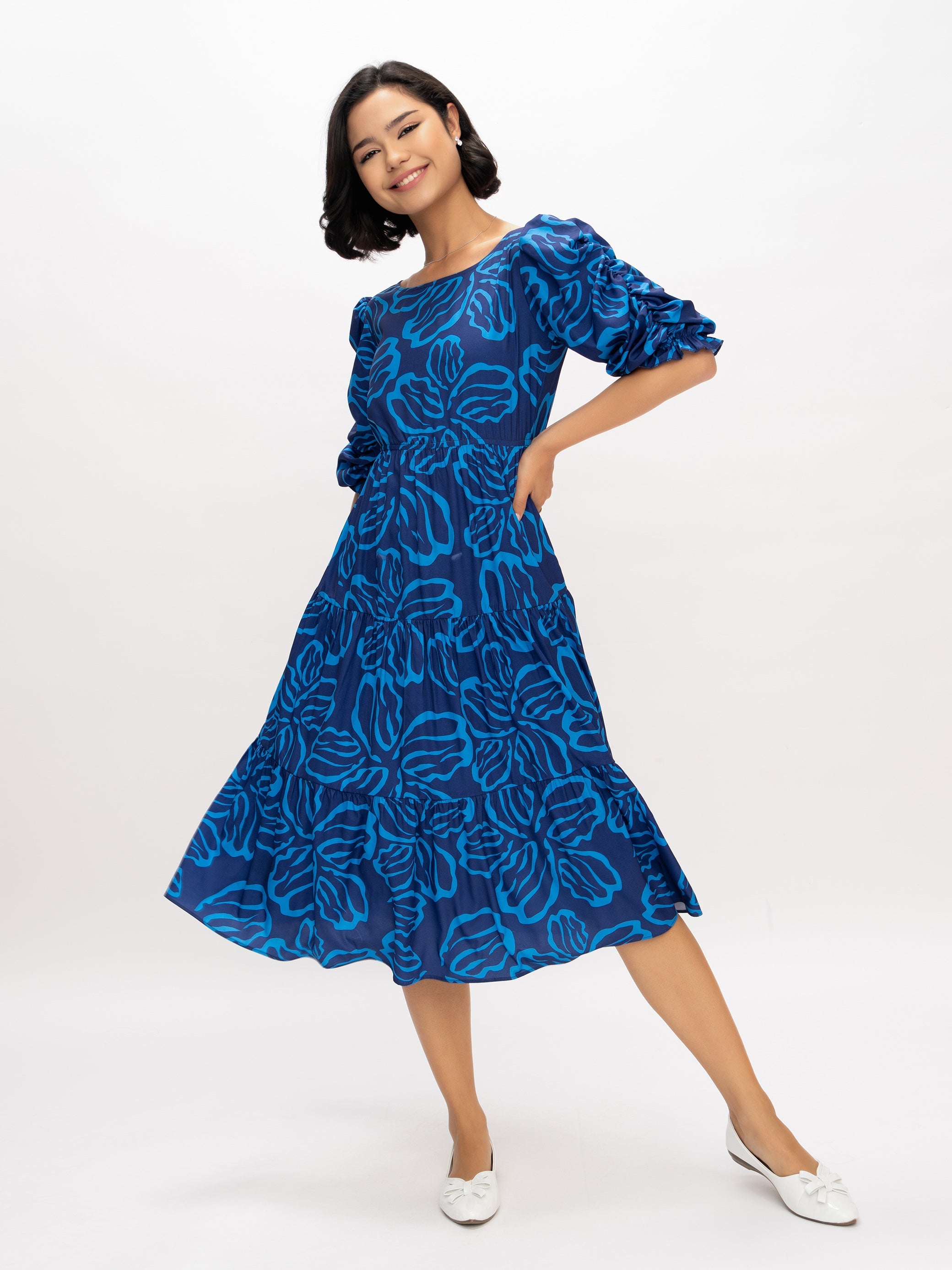 Aask Women's Blue Printed Delta Crush Calf Length Fit and Flare Dress