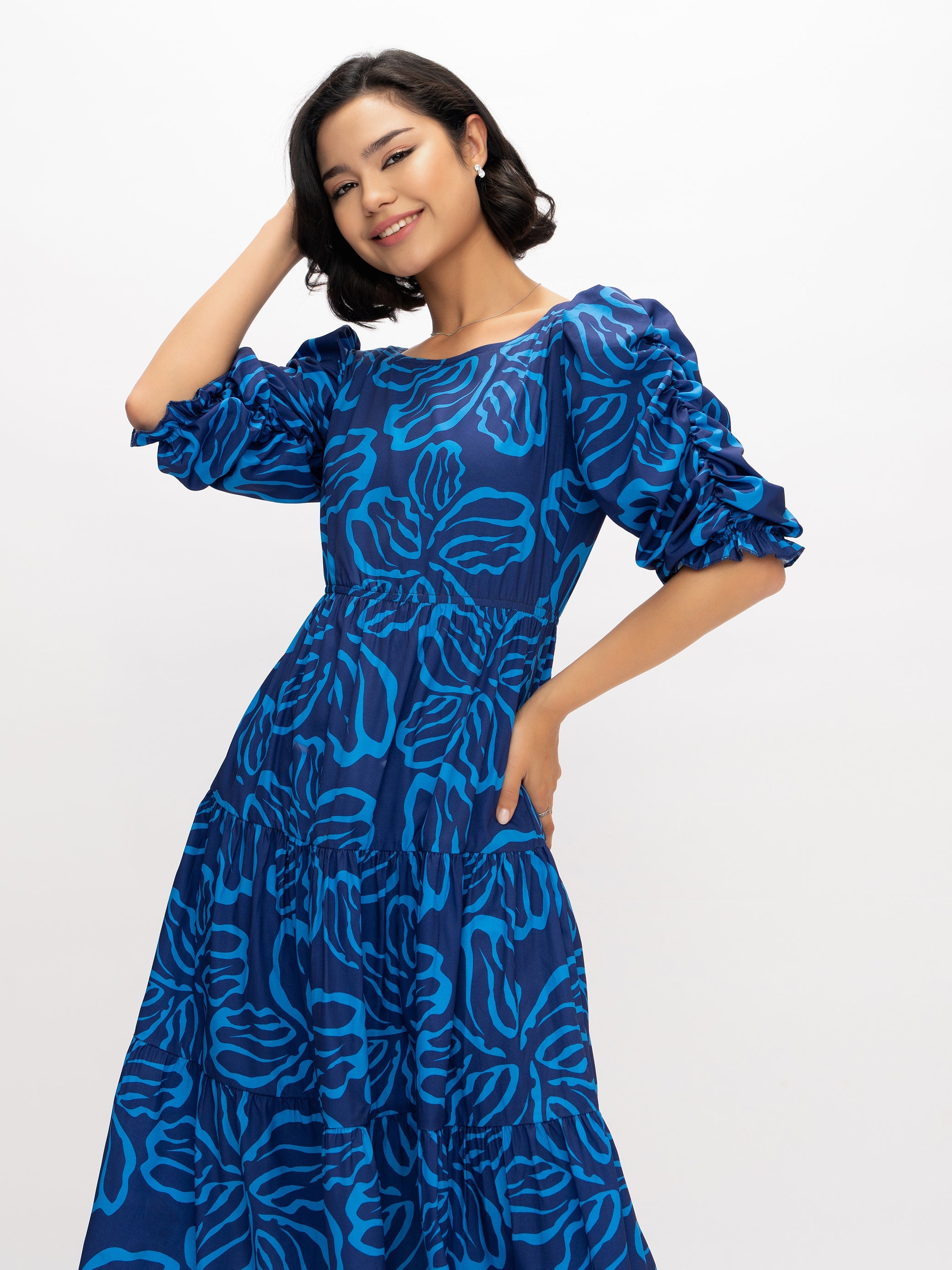 Aask Women's Blue Printed Delta Crush Calf Length Fit and Flare Dress