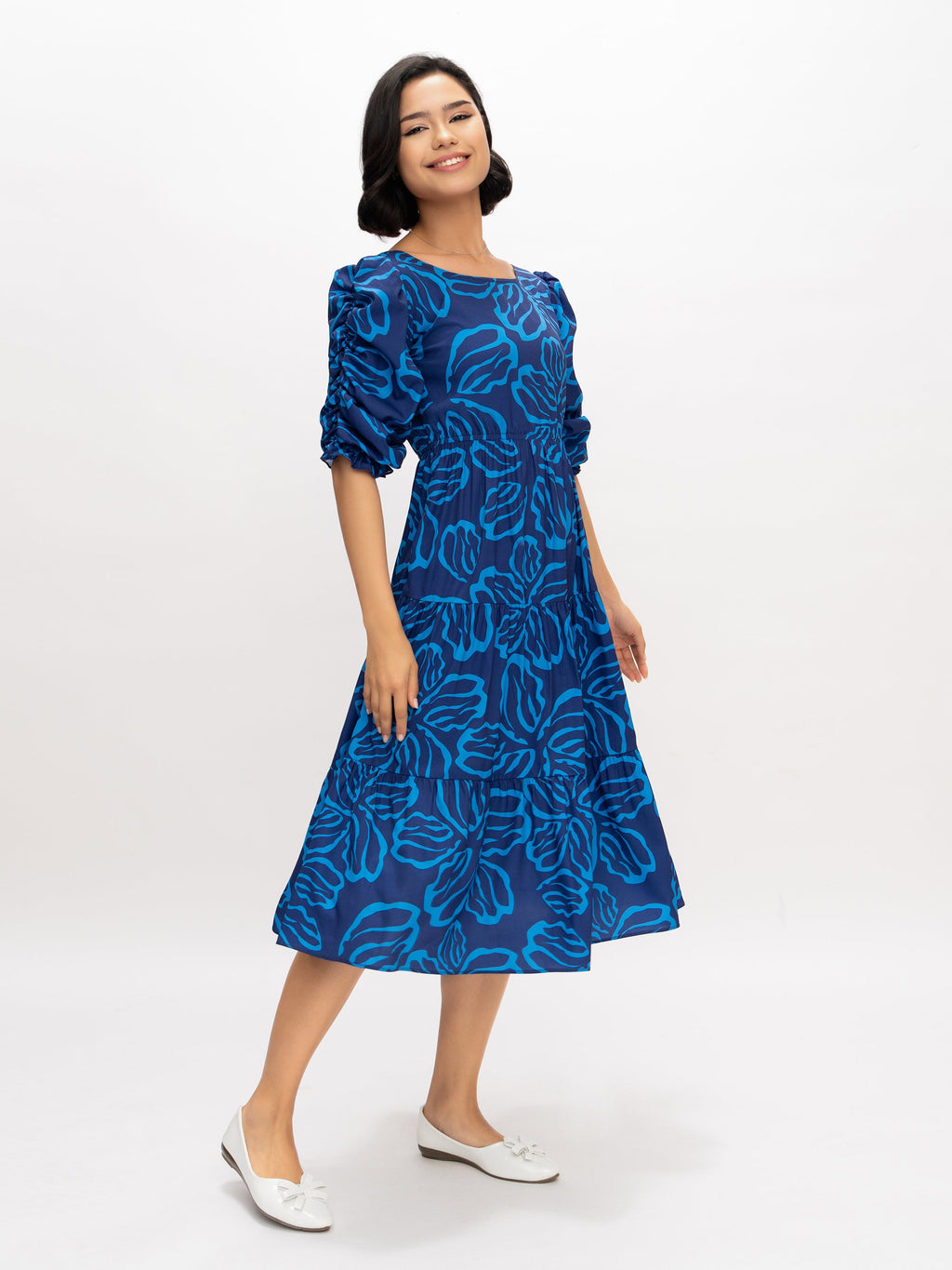 Aask Women's Blue Printed Delta Crush Calf Length Fit and Flare Dress