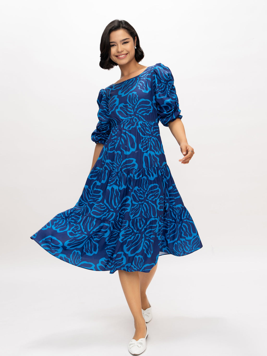 Aask Women's Blue Printed Delta Crush Calf Length Fit and Flare Dress