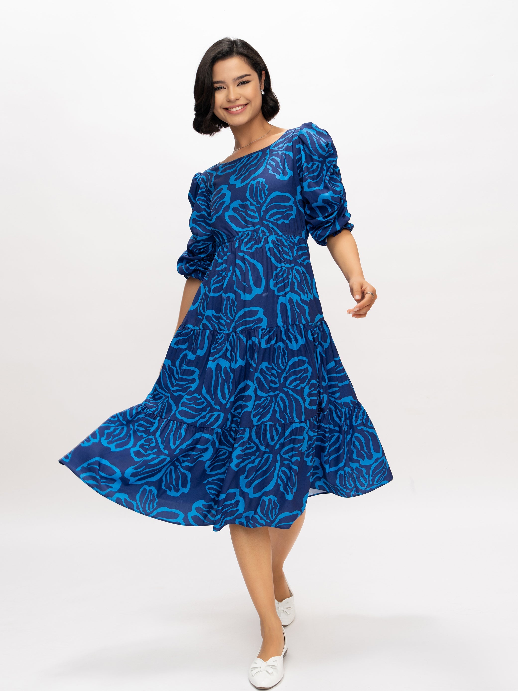 Aask Women's Blue Printed Delta Crush Calf Length Fit and Flare Dress