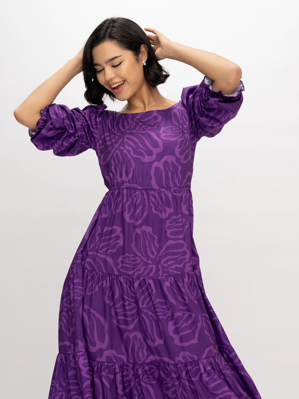 Aask Women's Blue Printed Delta Crush Calf Length Fit and Flare Dress