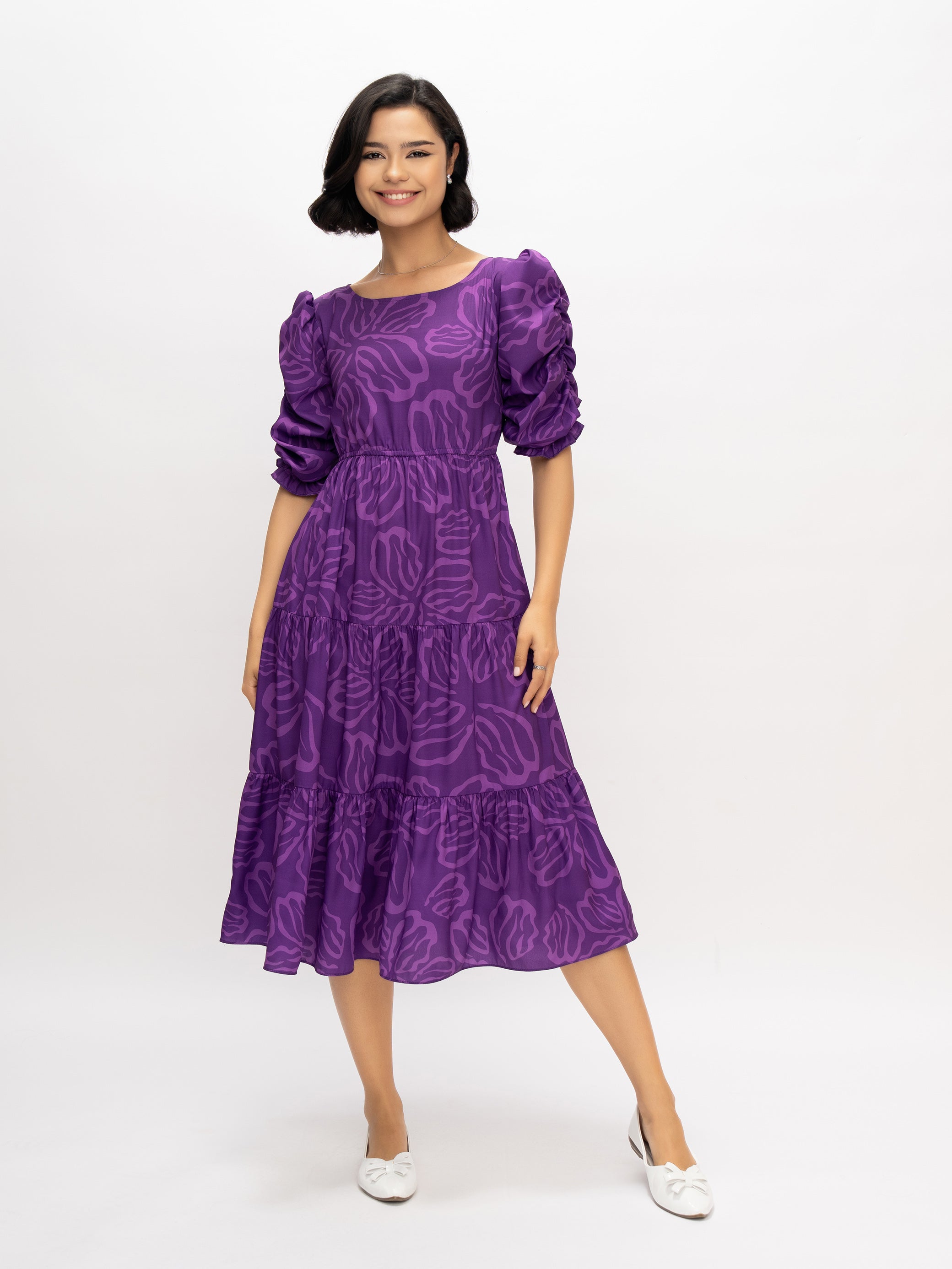 Aask Women's Blue Printed Delta Crush Calf Length Fit and Flare Dress