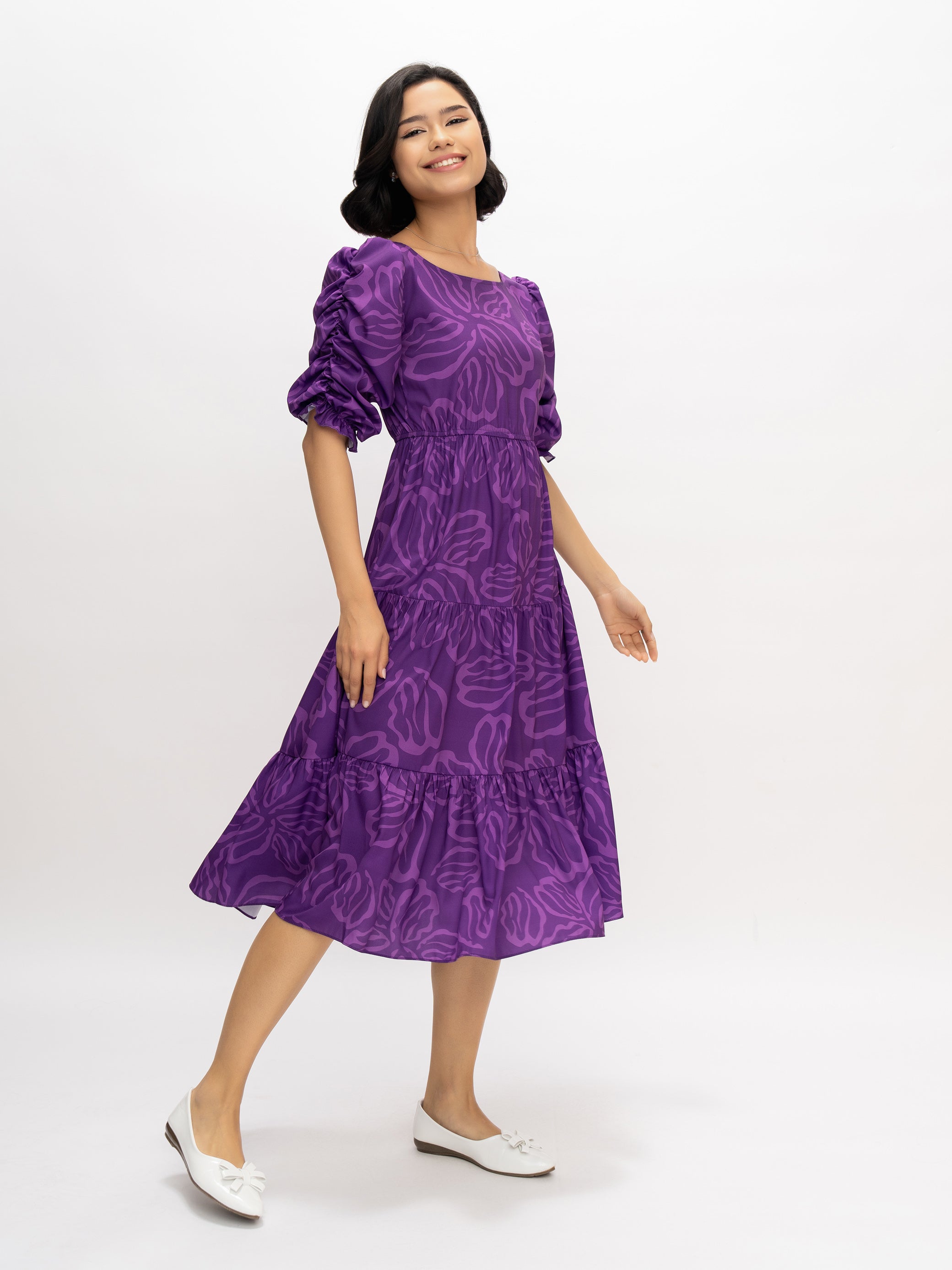 Aask Women's Blue Printed Delta Crush Calf Length Fit and Flare Dress